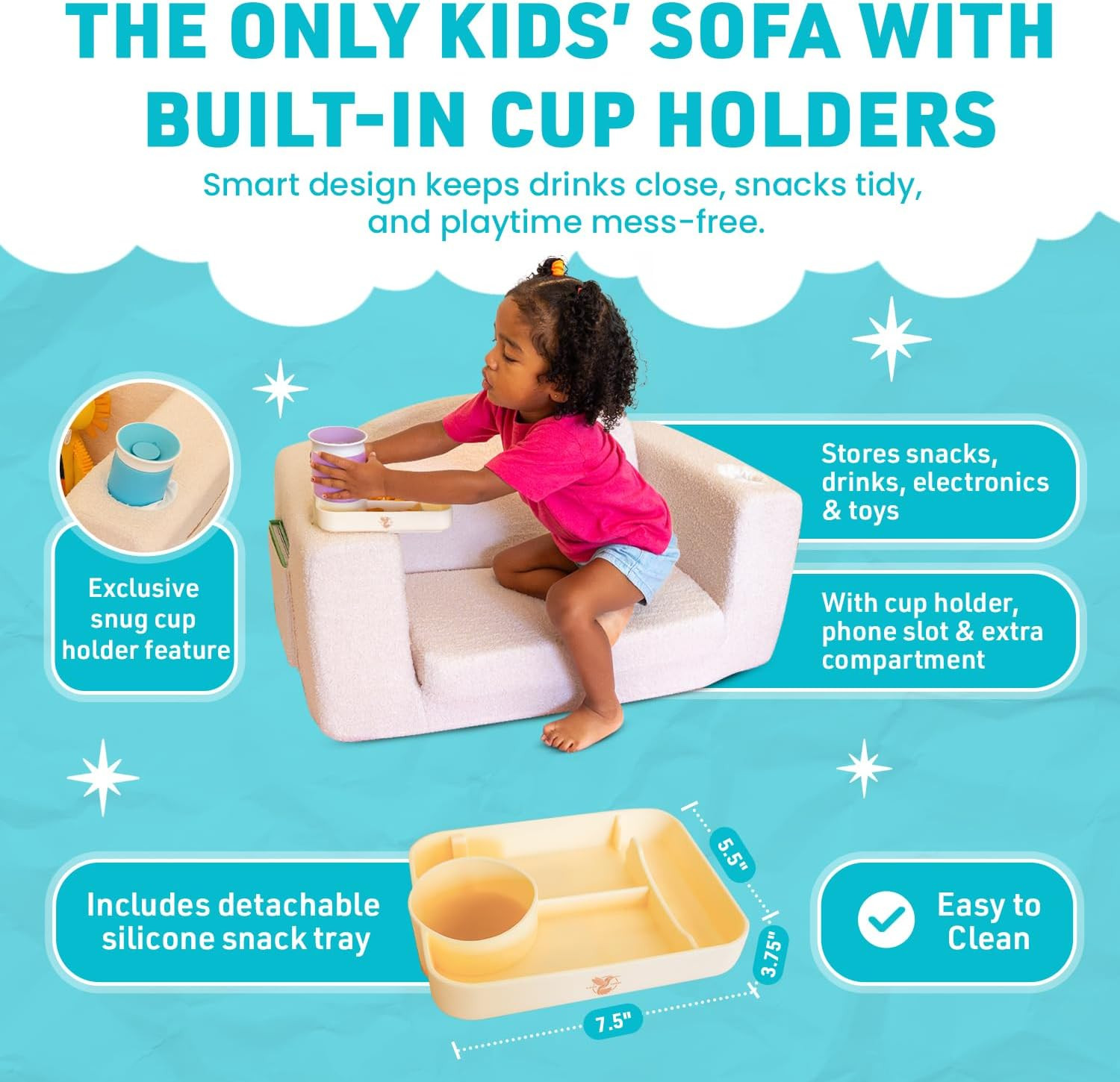 Extra Wide Toddler Lounge Chair with Cup Holders - 2-in-1 Couch & Bed