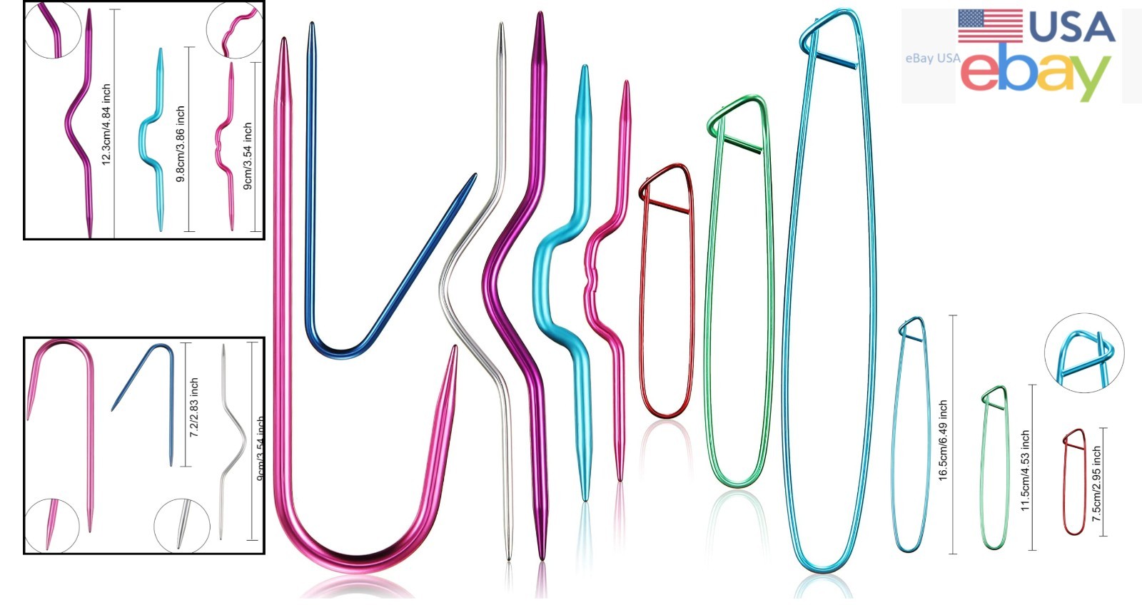 9-Piece Aluminum Cable Stitch Holders in Multiple Colors for Knitting Projects