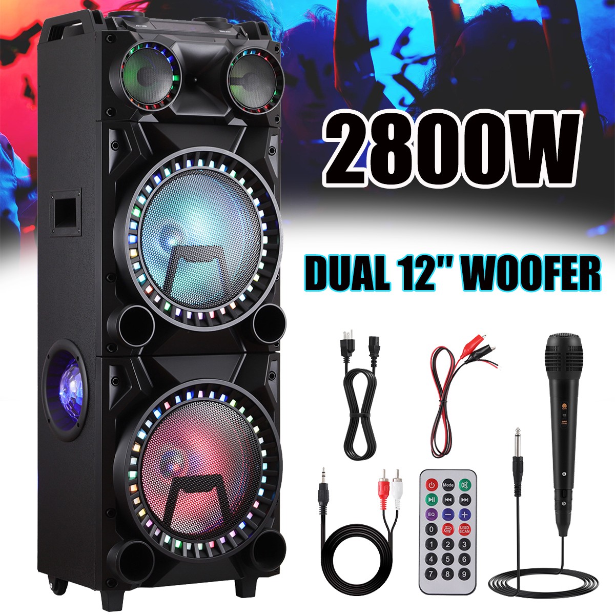 Dual 12" Woofer Portable Bluetooth Speaker LED Party PA Sound System w/ Mic AUX
