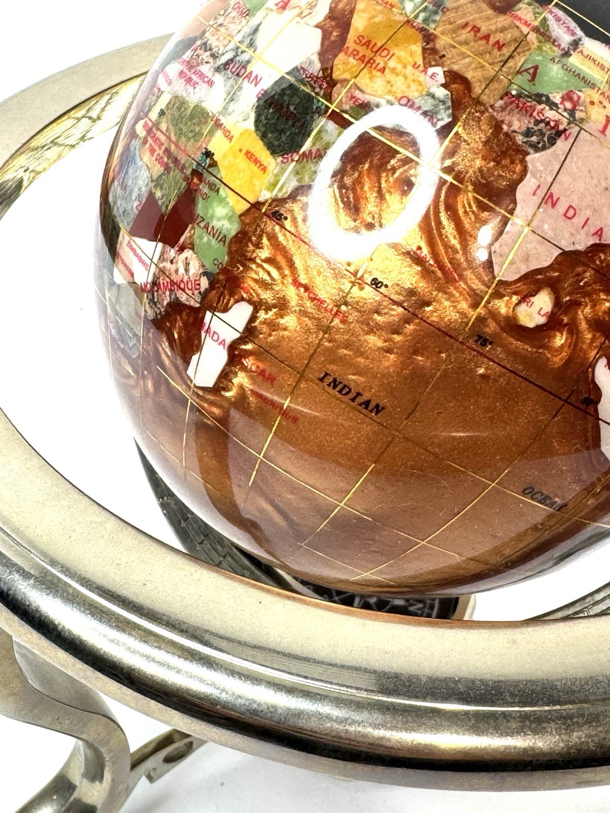 Vtg Kalifano Rotating Copper Amber Opalite Gemstone Globe Silver Stand