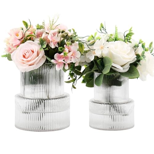 Ribbed Glass Vases for Bouquet, Set of 2 Ribbed Mixed Sizes (2-Pack) Clear