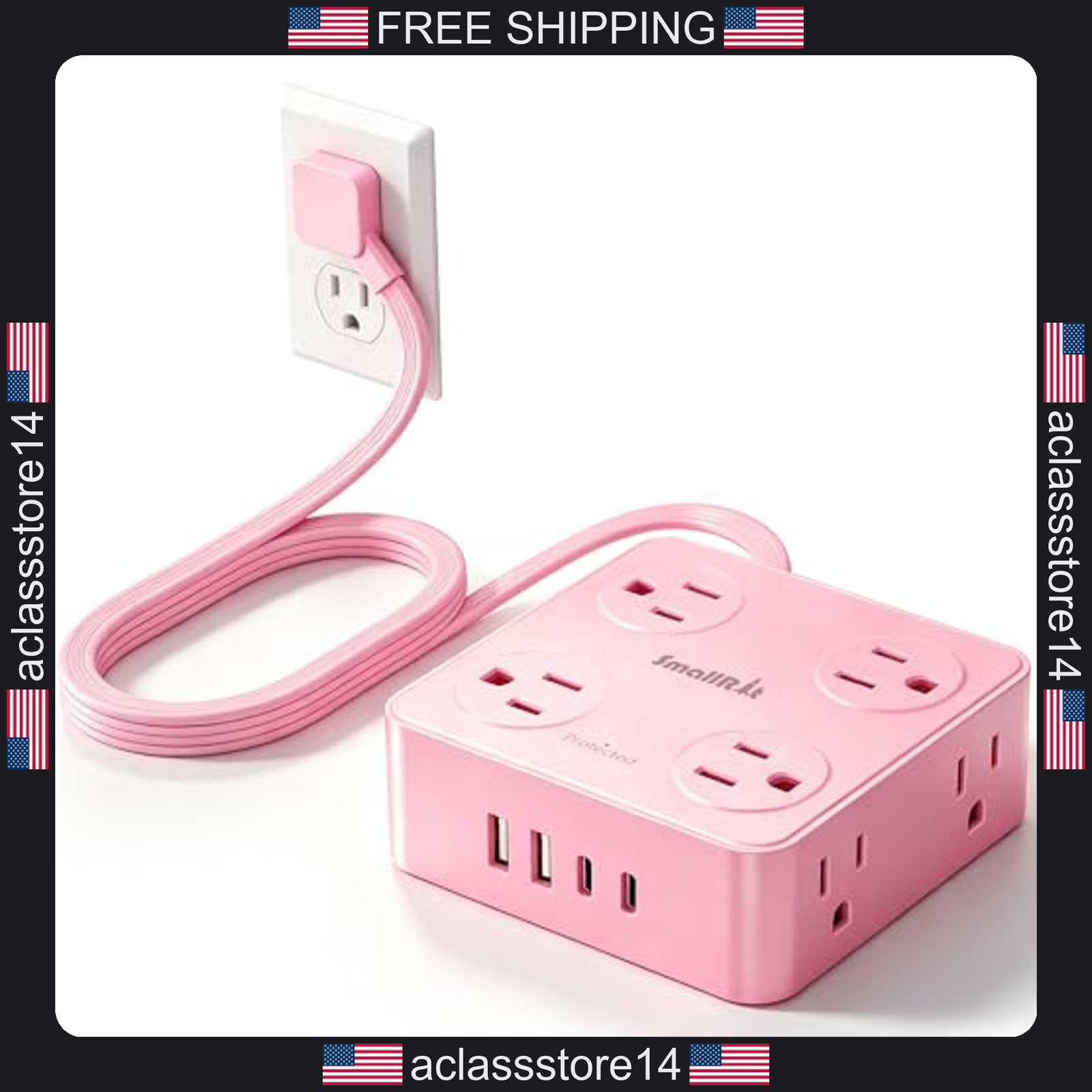Smallrt extension cord power strip 8 outlets 6.5ft surge protector with USB pink