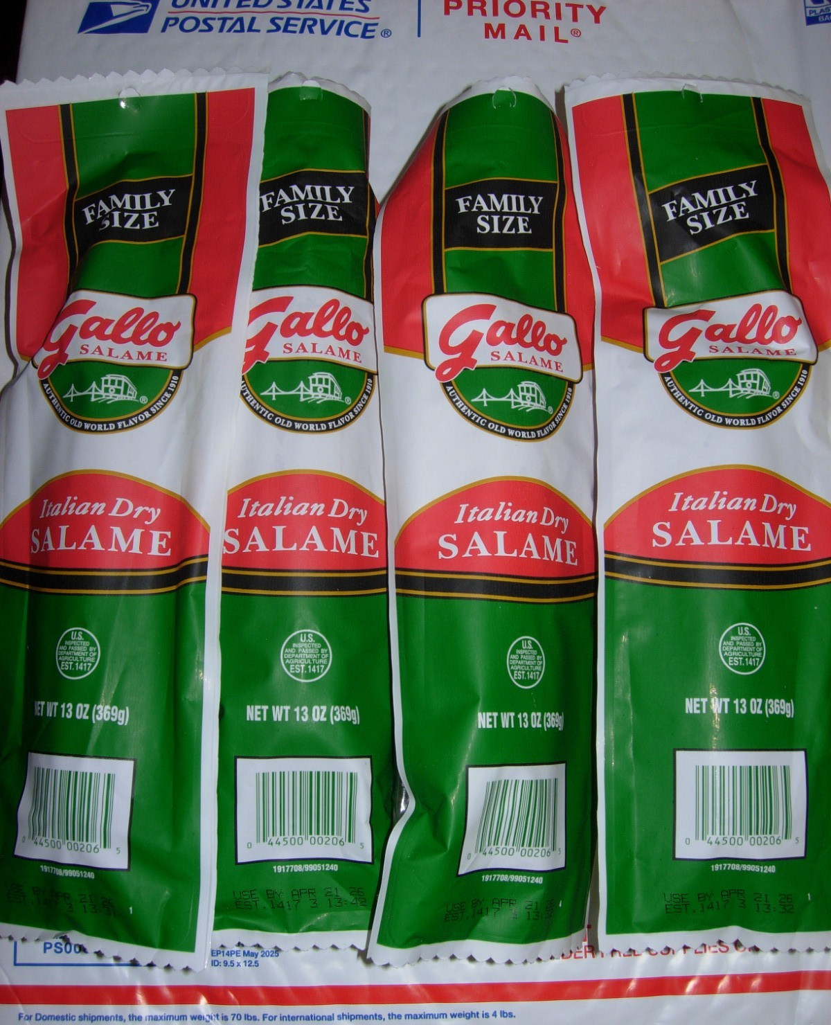 4 - PACKS GALLO ITALIAN SALAMI DRY SALAME "Family Size"  13 Oz Each Fast & Fresh