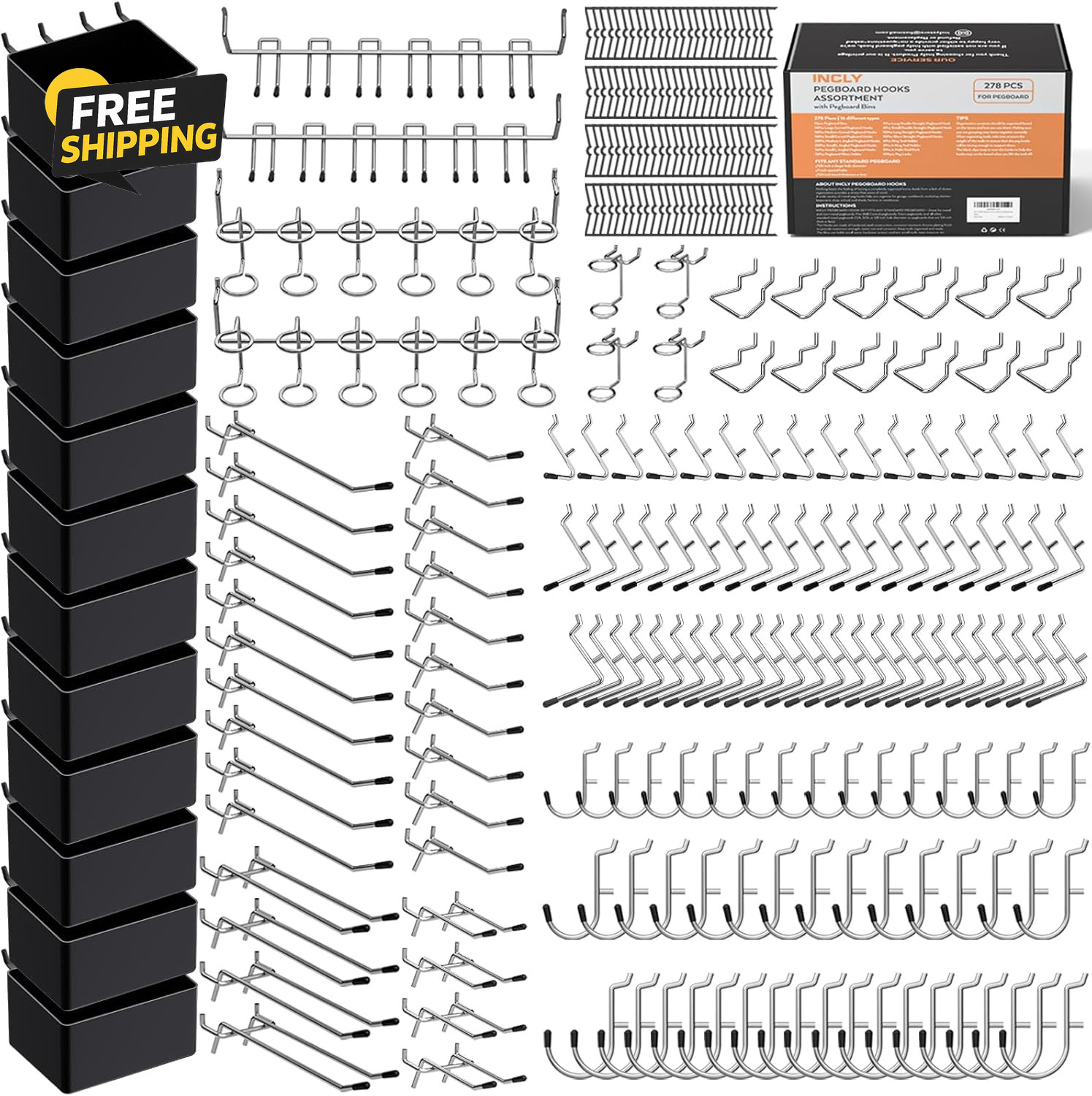 278PCS Pegboard Accessories Organizer Kit, Peg Board Hooks Assortment with Bins