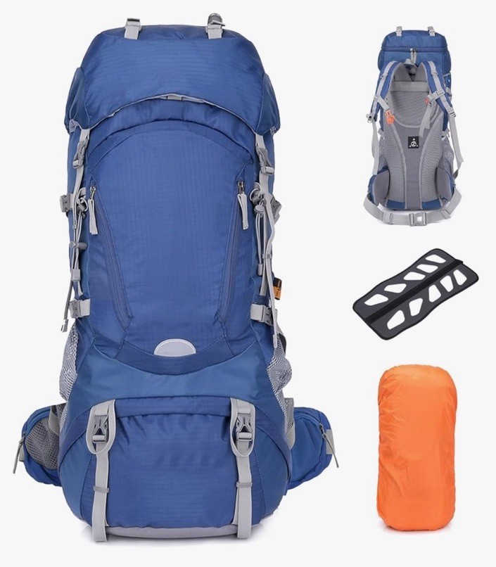 New! Outplea 60L Hiking Backpack Waterproof Internal  Frame w/Rain Cover Blue