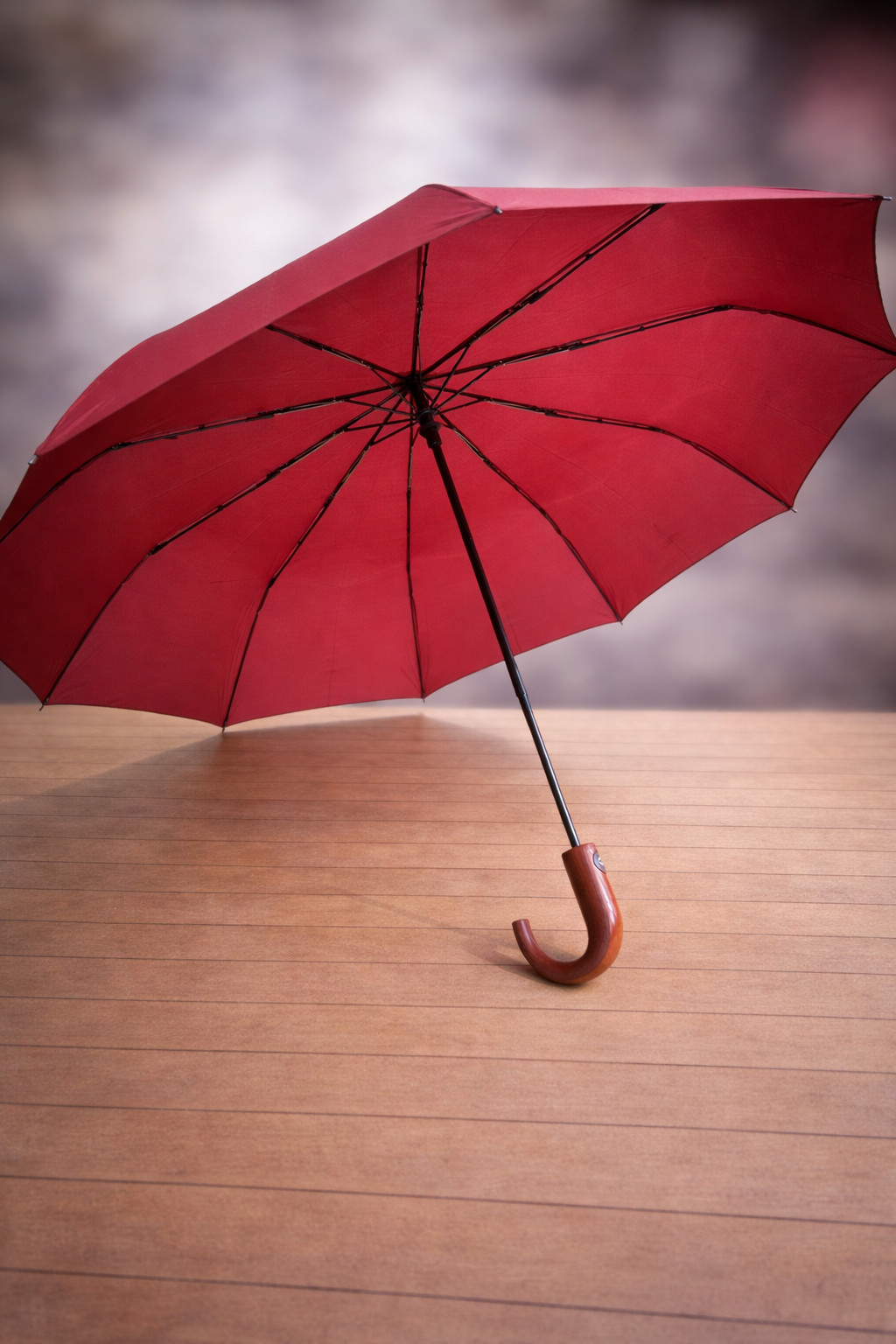 Red Double Canopy Automatic Umbrella with Curved Wood Handle