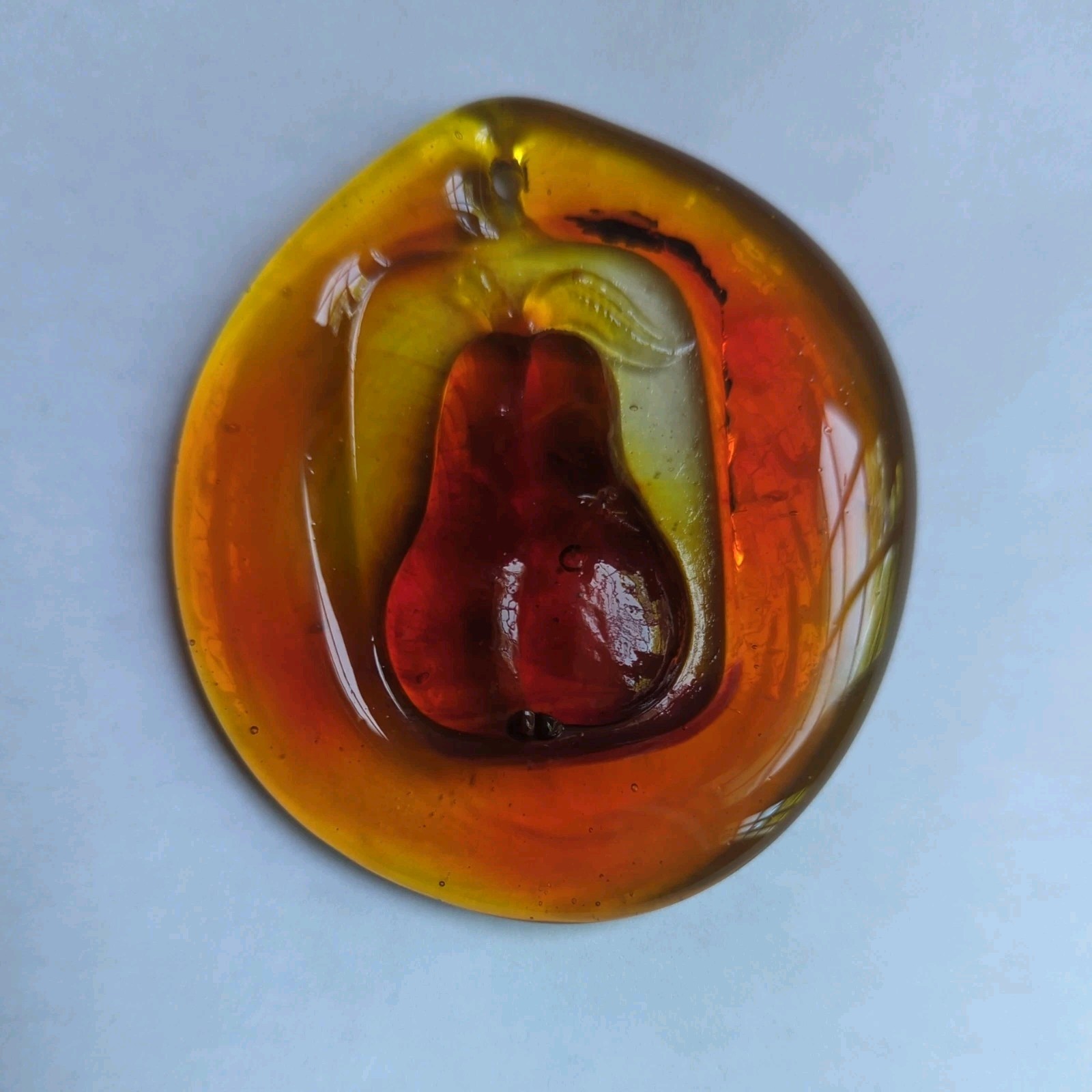 Amber Glass Suncatcher, Oval, with Pear Design Imprinted, 3 1/2" x 3"