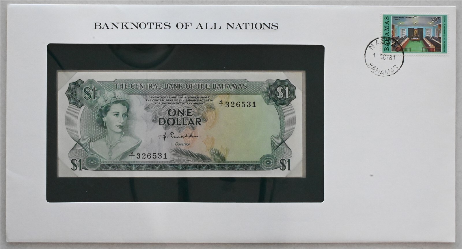 Bahamas 1981 Dollar Bank of all nations. 25 Cents stamp canc RC0572 Fish combine
