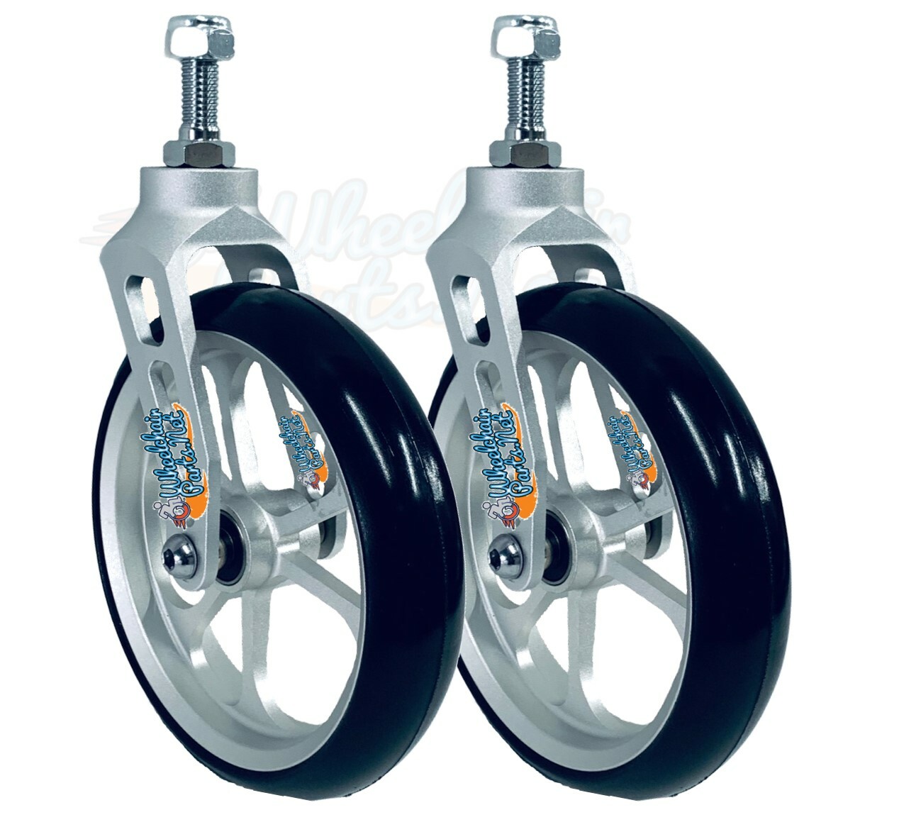 ALUMINUM CASTER FORK (SILVER) ASSEMBLY WITH WHEELS. CHOOSE YOUR WHEEL SIZE