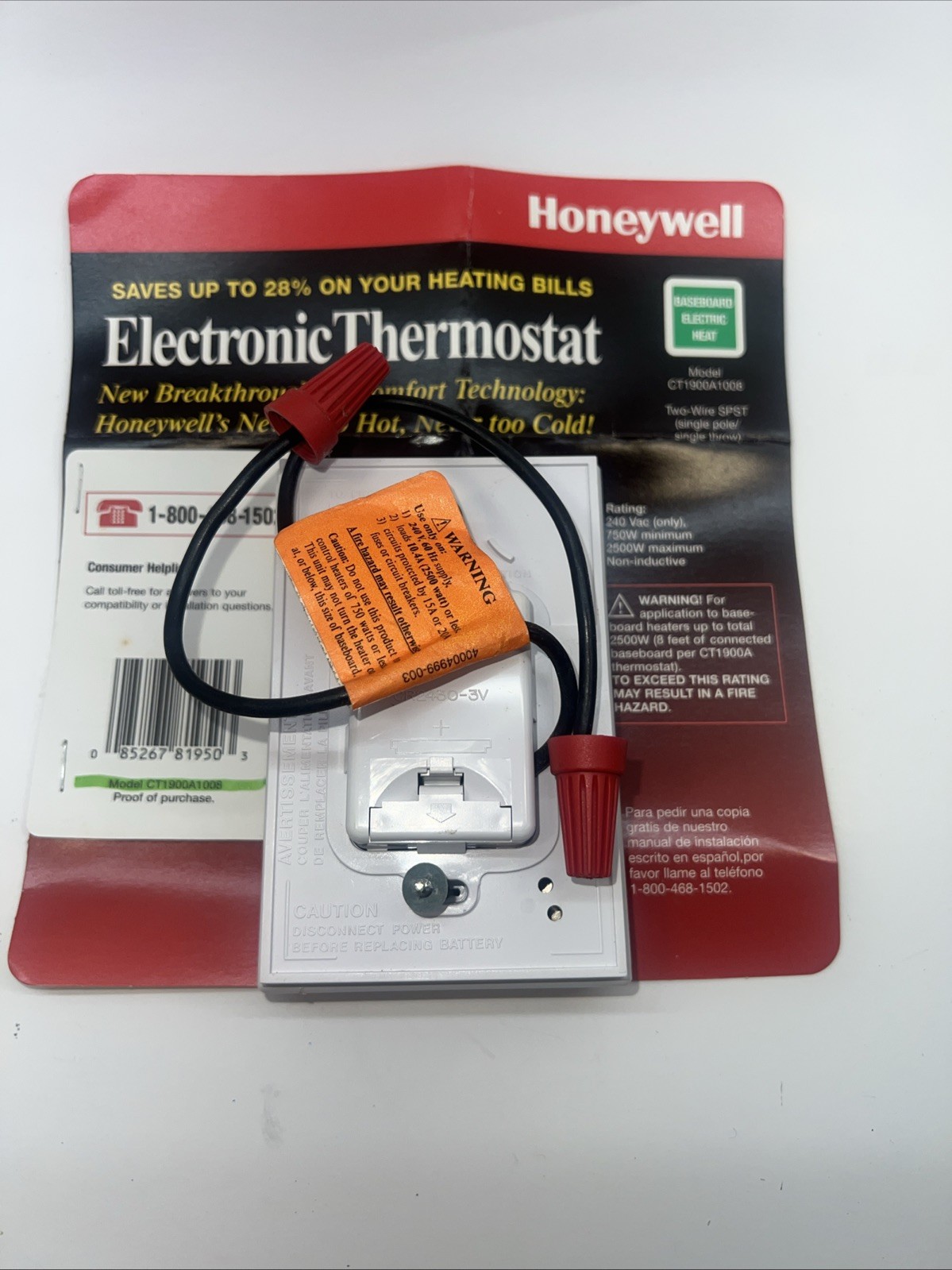 Honeywell CT1900A1008 Two-wire Single Pole/ Single Throw Electronic Thermostat