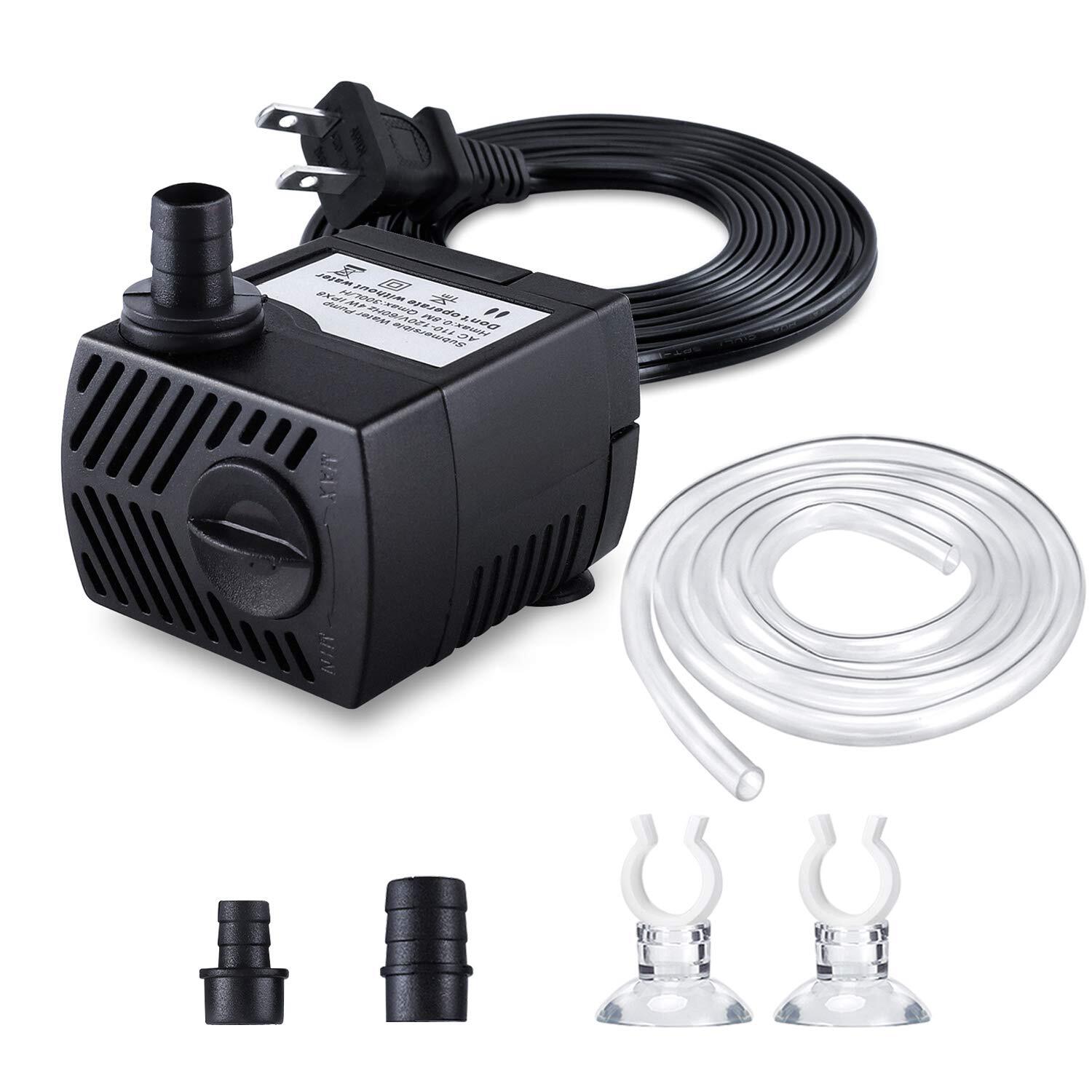 Fountain Pump 80GPH Submersible Water Pump 3 Nozzles for Aquarium & Pond