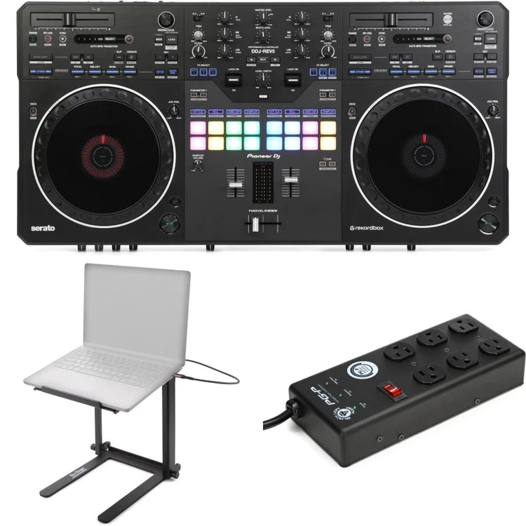 Pioneer DJ DDJ-REV5 4-deck DJ Controller with Laptop Stand and Power Block