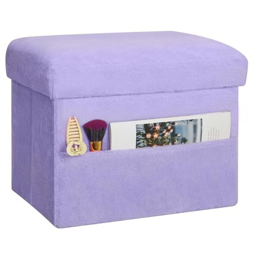 Small Ottoman with Storage, Folding Soft Fur Storage Foot Rest Stool Purple