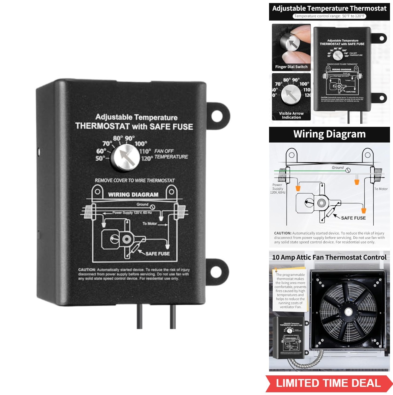 Attic Fan Thermostat Control Adjustable Temperature Dial 50-120F Programmable