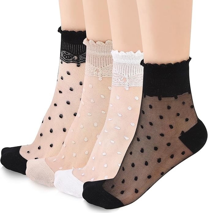 Zuimei Sheer Socks,Black Striped Plaid Dot Thin Transparent Sock,Summer Ankle So