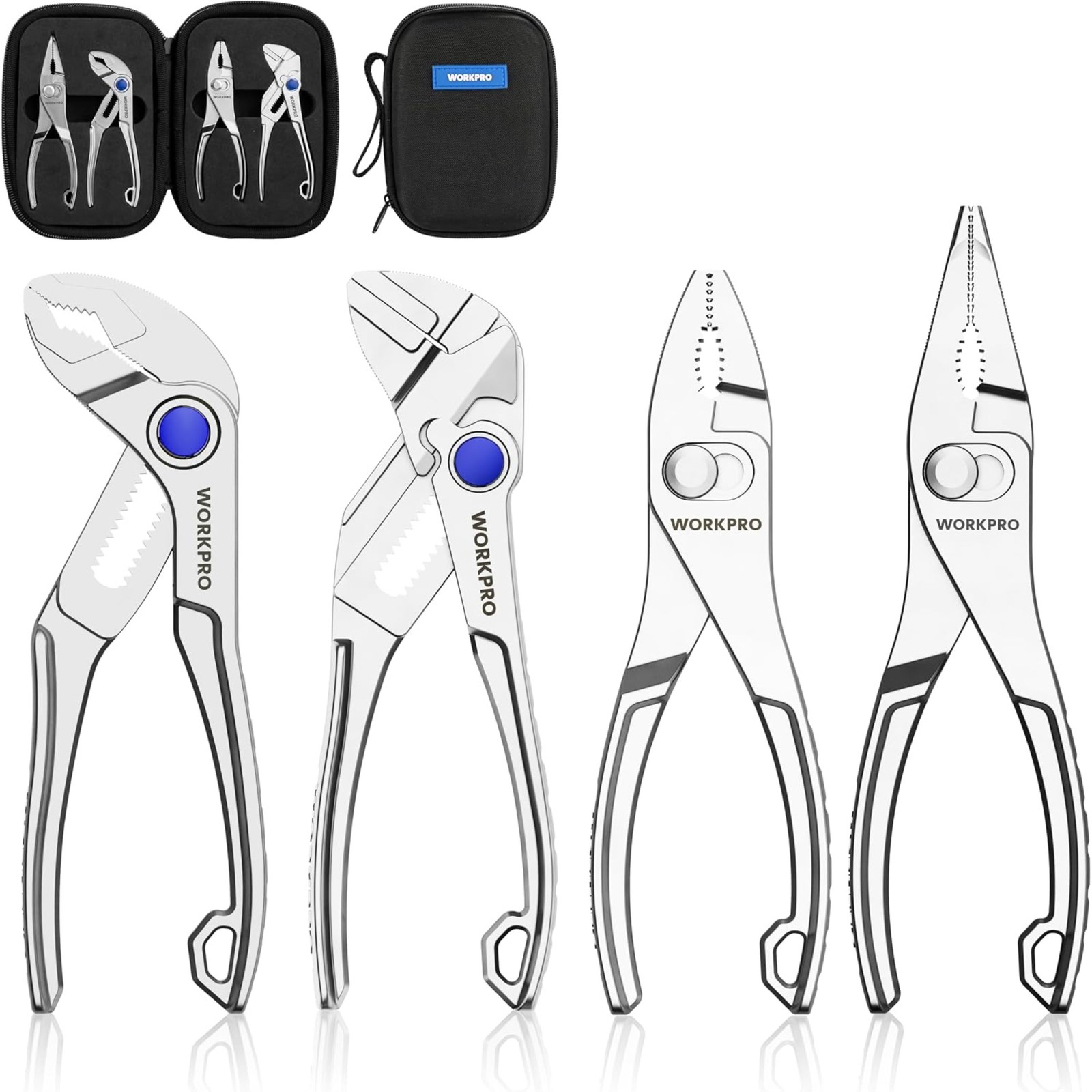 WORKPRO 4-Piece Mini Pliers Set with Pouch, Includes 4-Inch Plier Wrench & Slip