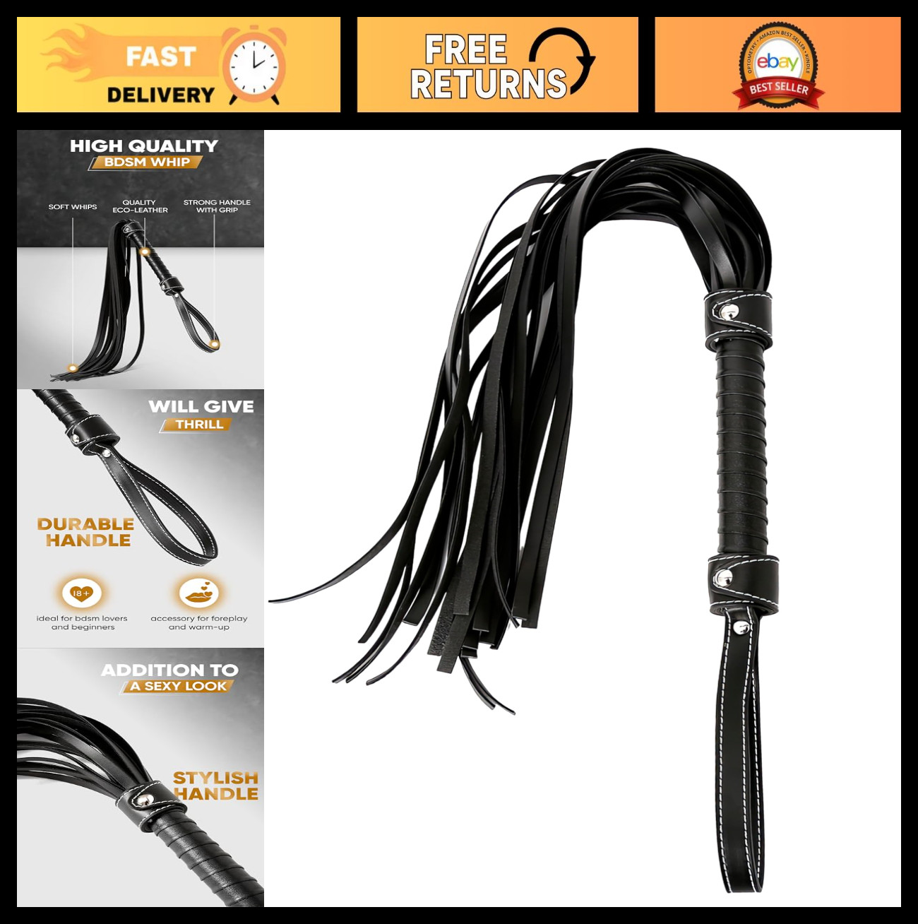 Soft Leather 33" Cat O' Nine Tails Whip - Adult Bedroom Paddle, Faux Leather Rid