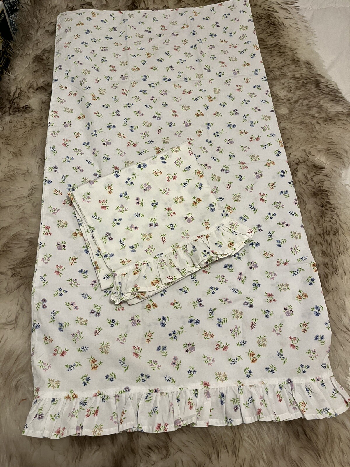 Coming Home Cottage Core pillowcase pair white w tiny flowers, ruffled standard