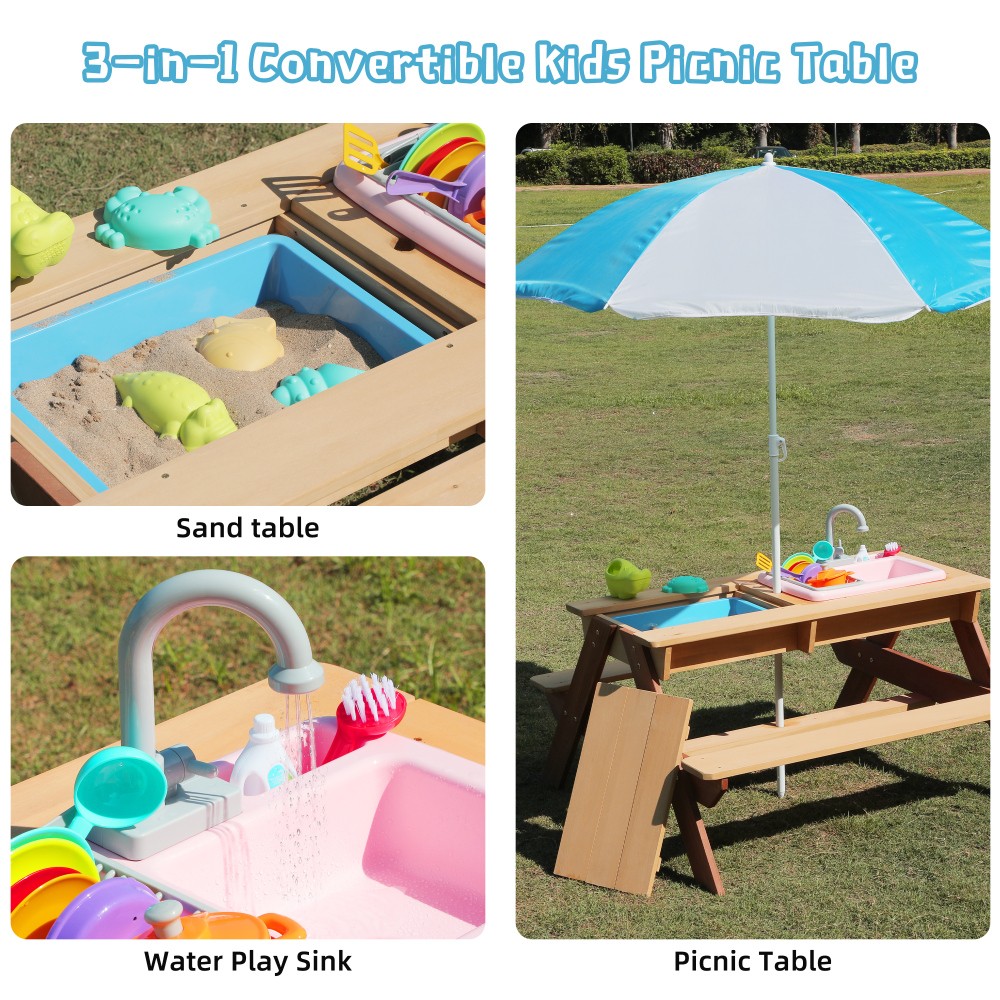 Kids Sand & Water Activity Table with Umbrella, Convertible Picnic Table