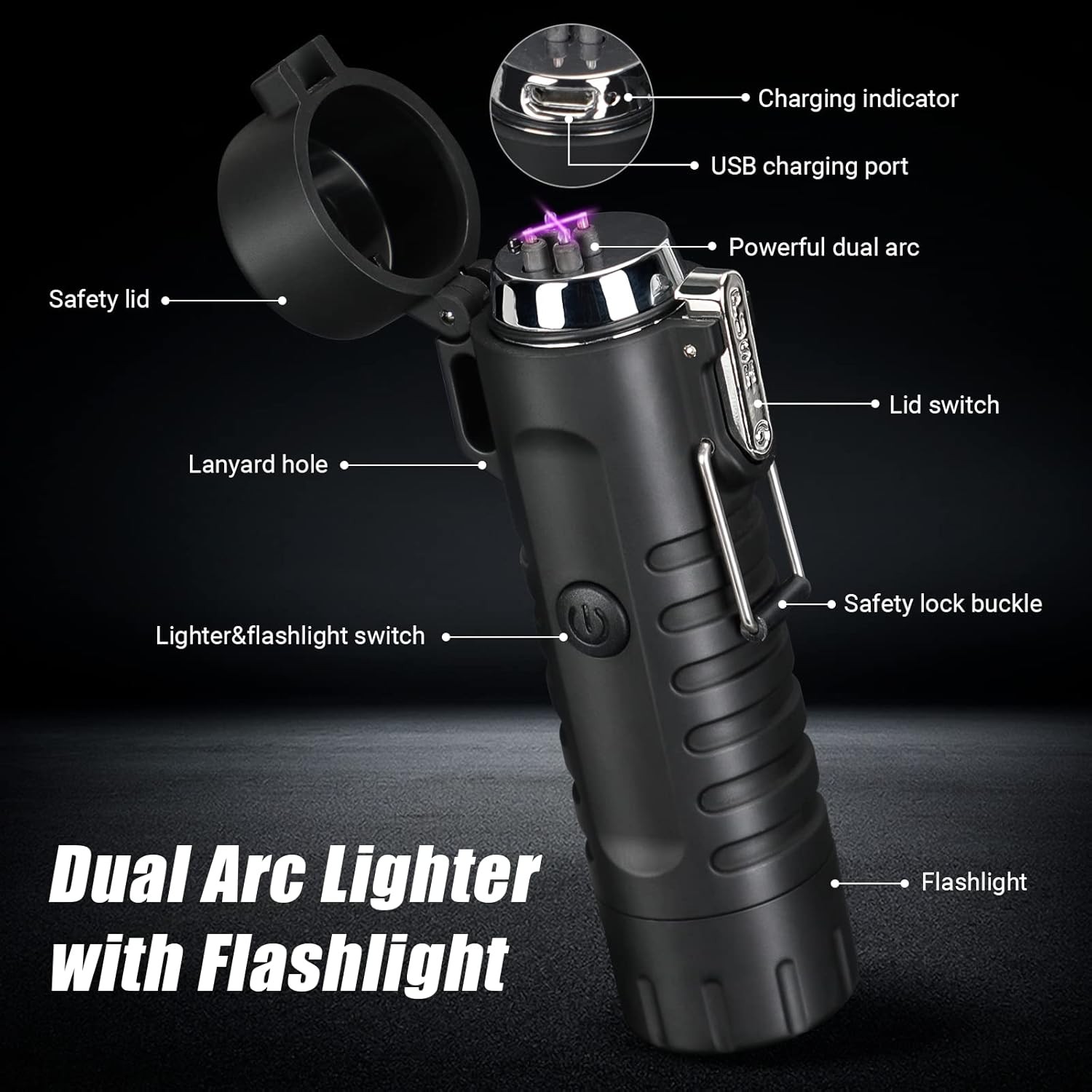 Scotte Plasma Windproof arc Lighter Electric and LED Flashlight Black