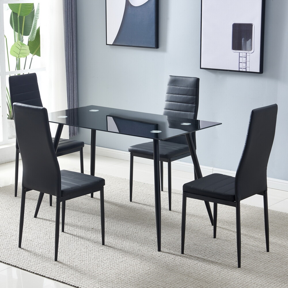 Set of 4 Elegant Assembled Stripping Texture High Backrest Dining Chairs Black