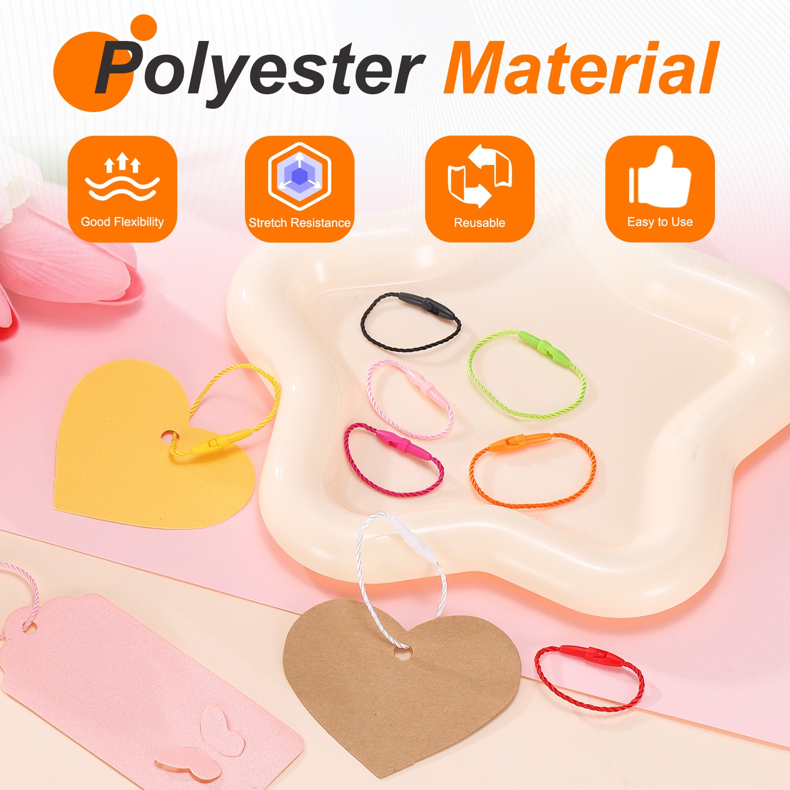500 Pcs Polyester Hang Tag String 5" Snap Lock Pins Loop Fastener, Orange