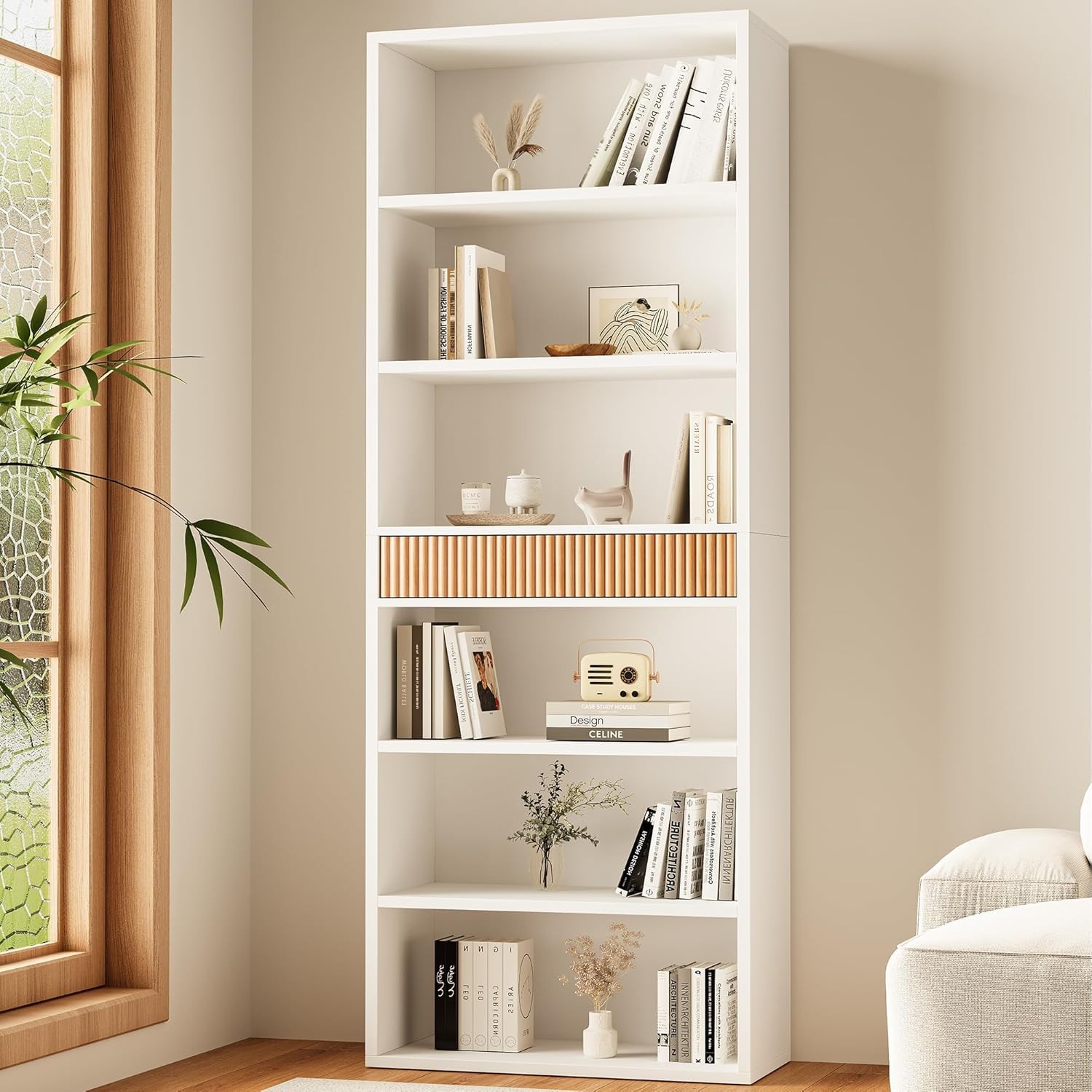 72"Tall Bookshelf with Storage,7-Tie,Drawer and Anti-tip Device