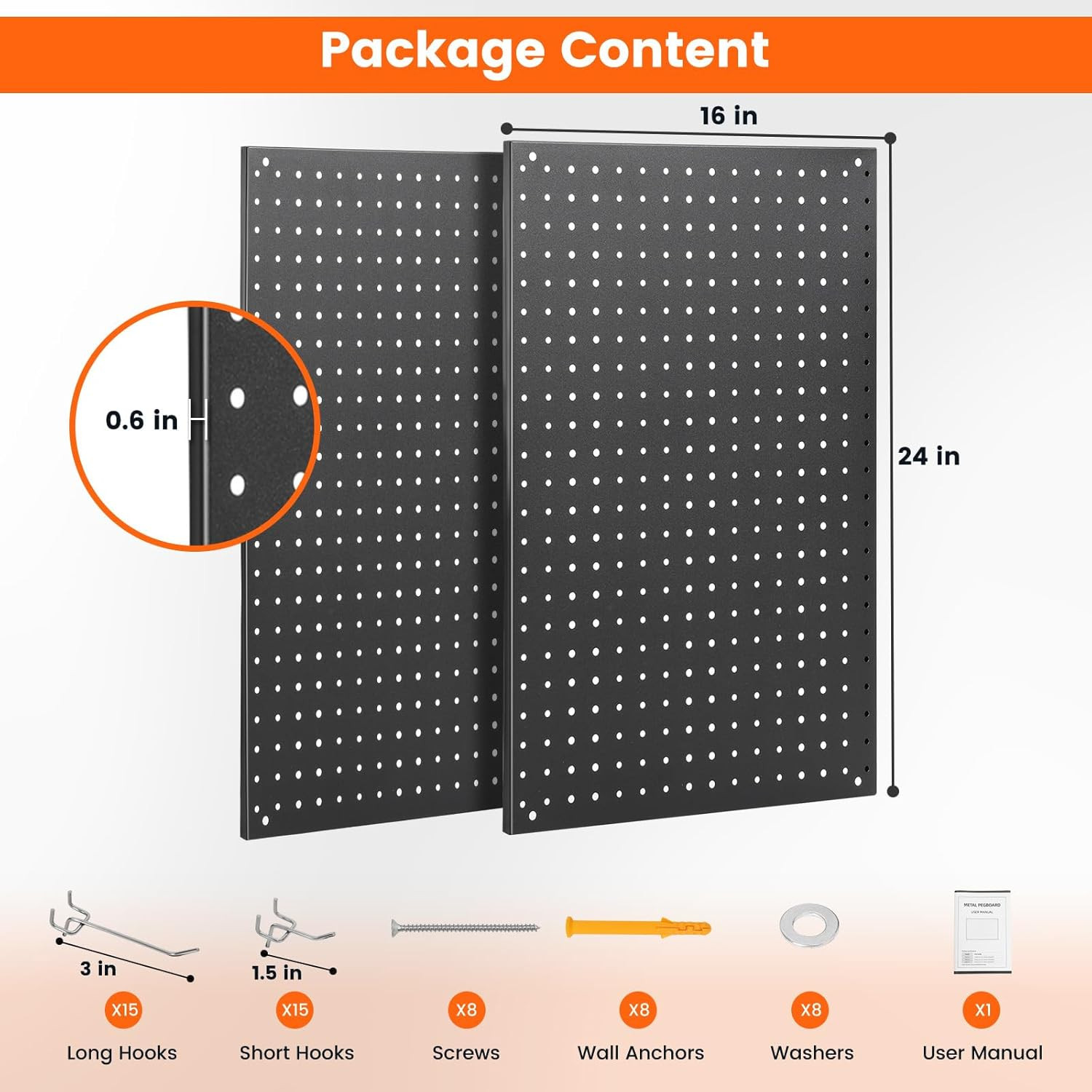 Pegboard, 2 PCS 24"×16" Metal Peg Board Panels Black Modular Wall Organizer Kit