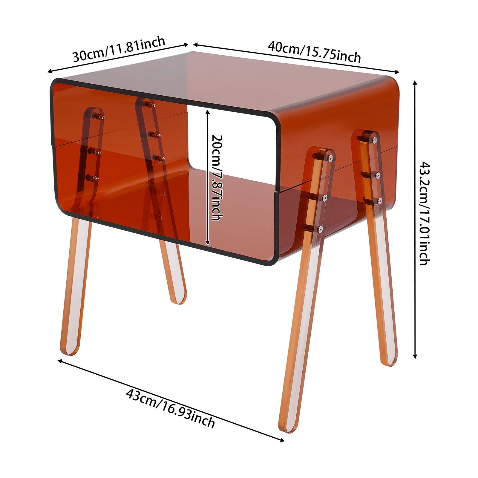 Brown Rectangular Side End Table/Night Stand Acrylic Side Table 40*30*43.2cm