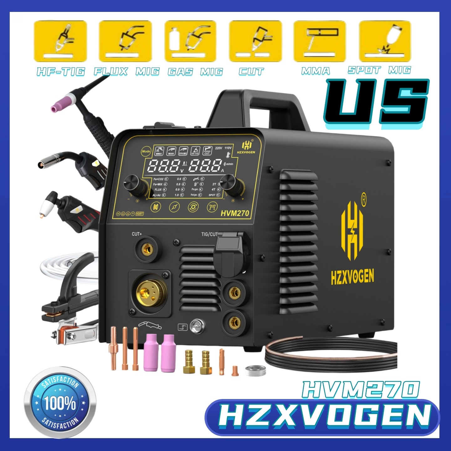HZXVOGEN HVM270 6IN1 MIG/CUT/TIG/MMA Welder 220V 250A Gas/Gasless Plasma Cutter