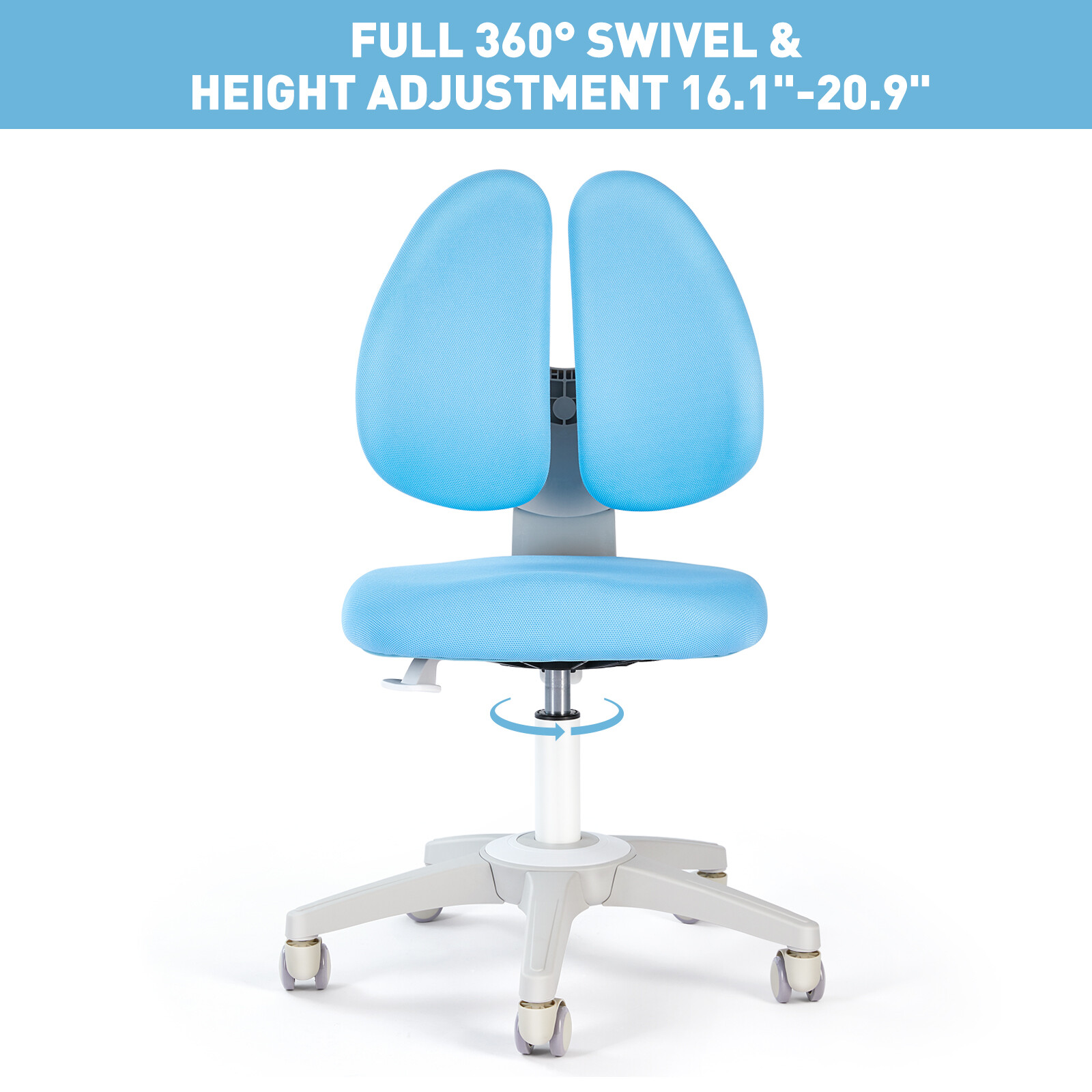 Blue Kids Study Chair Adjustable Height & Seat Depth Auto Brake Caster Boy Chair