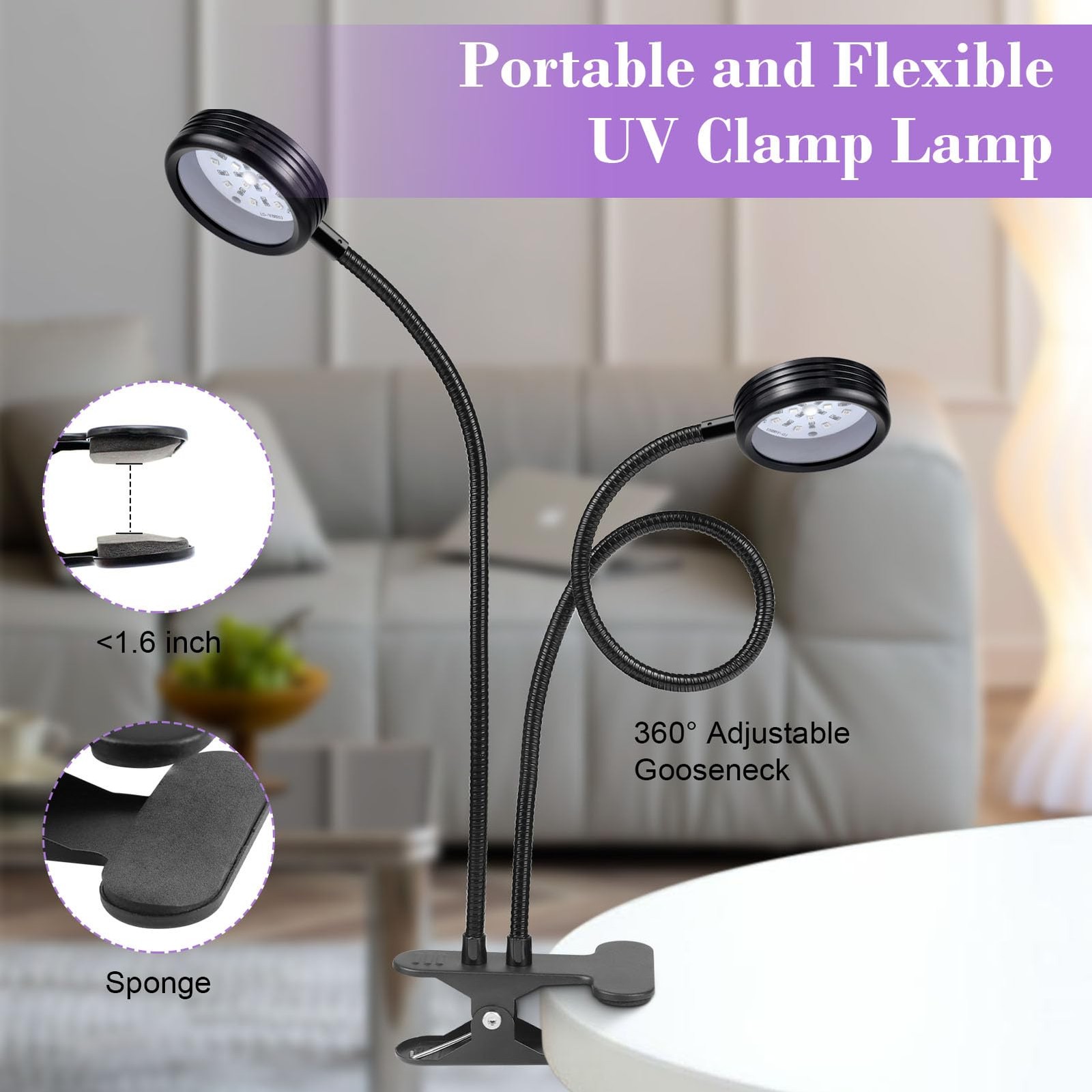 USB UV Black Light Dual Head, 10W 395nm-405nm LED Lamp with Clamp, Gooseneck ...