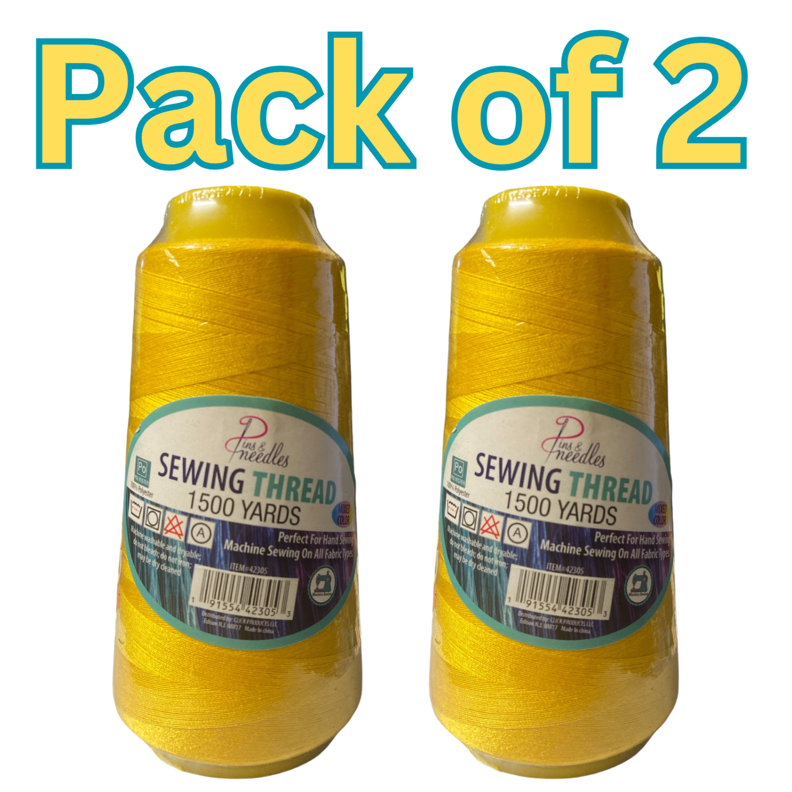 Pins & Needles Sewing Thread 1500 Yards, Yellow, 100% Polyester 2pk