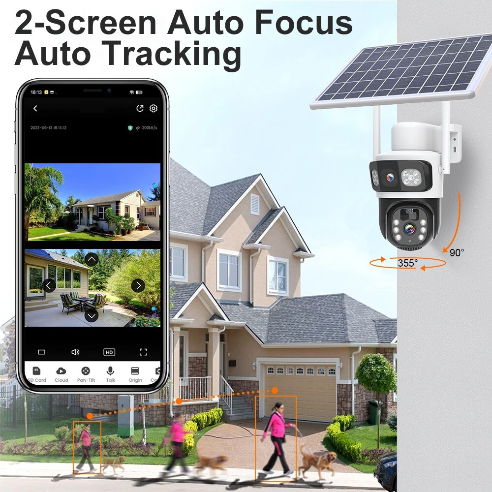 2PCS Solar 4MP Wireless Security Camera WIFI 2-Way Audio Dual-Lens PTZ Camera