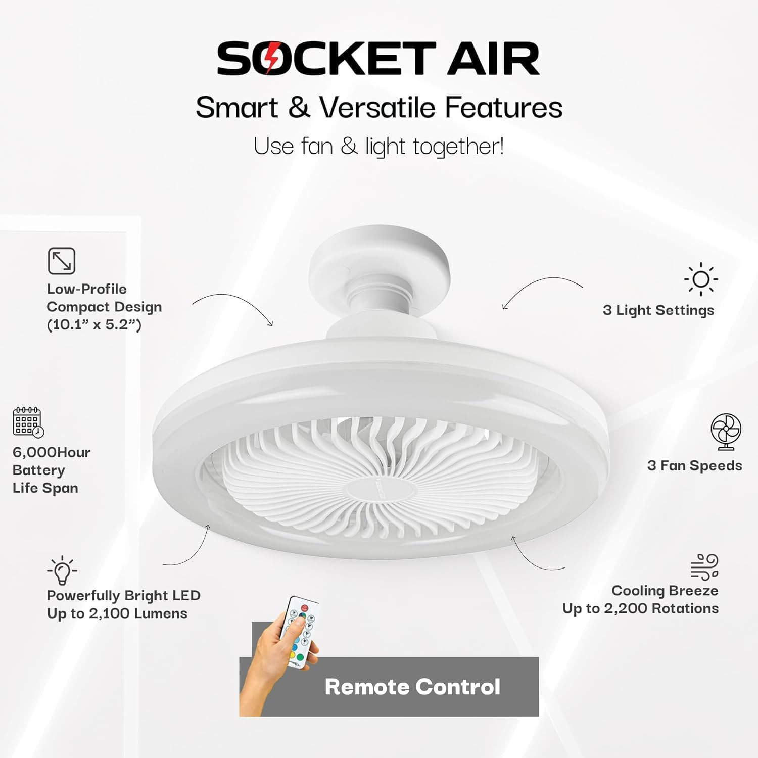 Socketair Wireless Ceiling Fan Light with Remote Control, Extender,110-120 Volt,