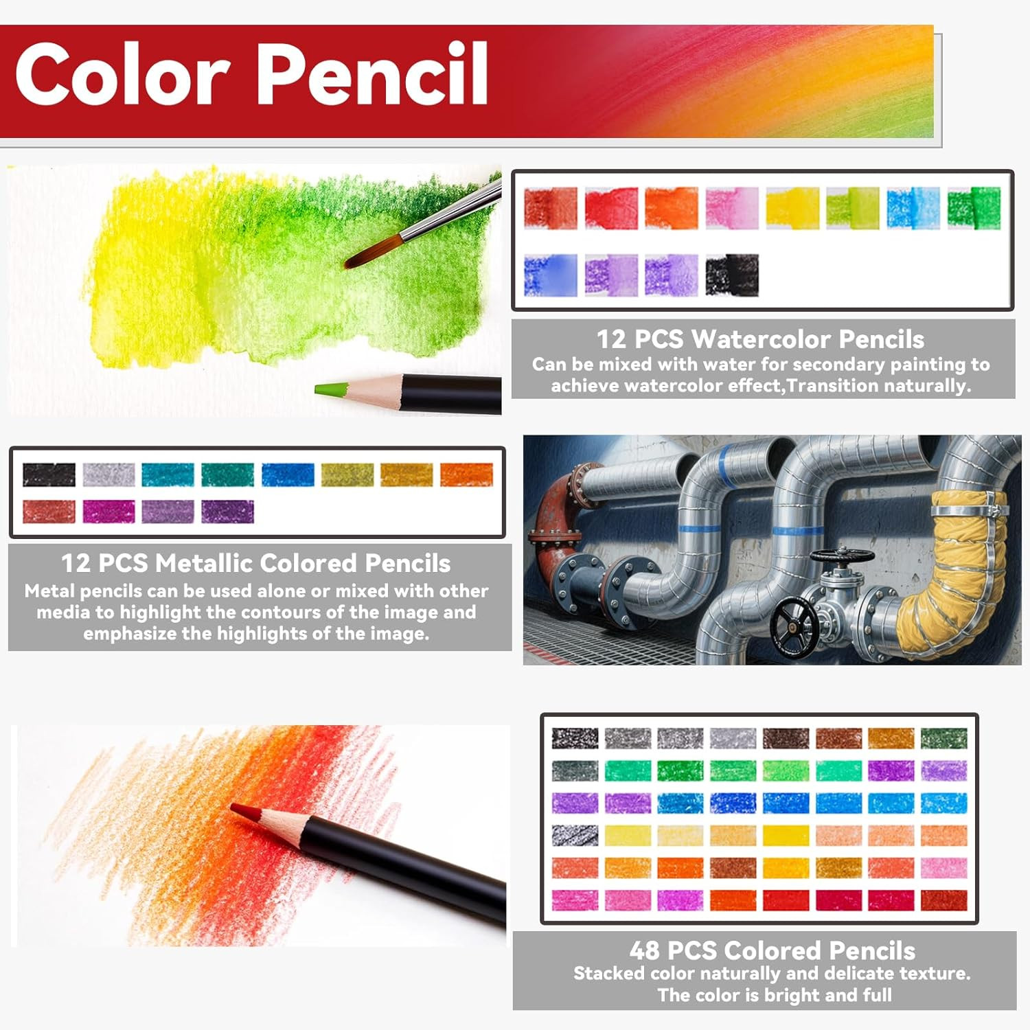 Professional Colored Pencil Art Set 72-Piece - 48 Colors, 12 Metallic, 12 Waterc