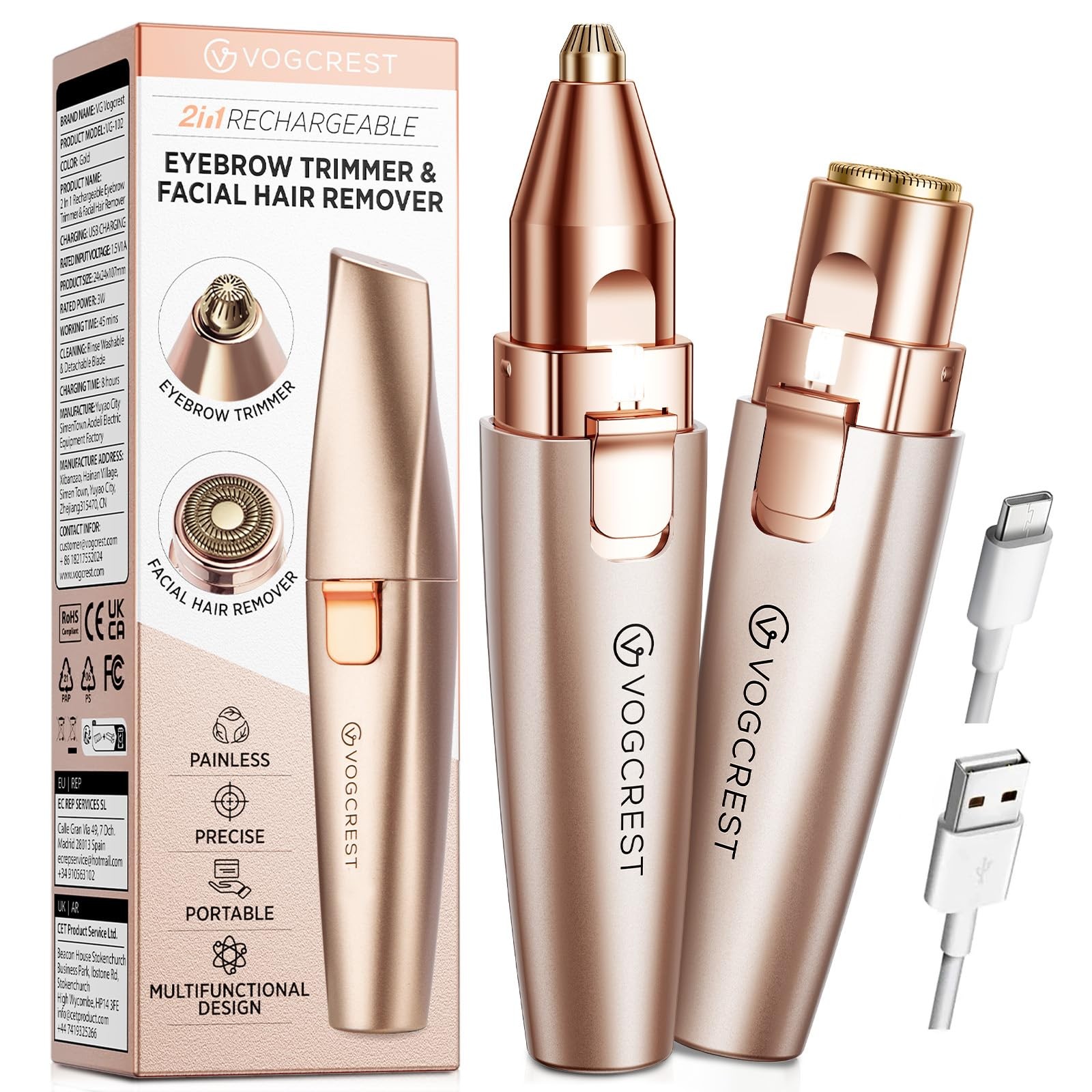 VG VOGCREST Eyebrow & Facial Trimmer: 2 in1 Rechargeable Rose Gold