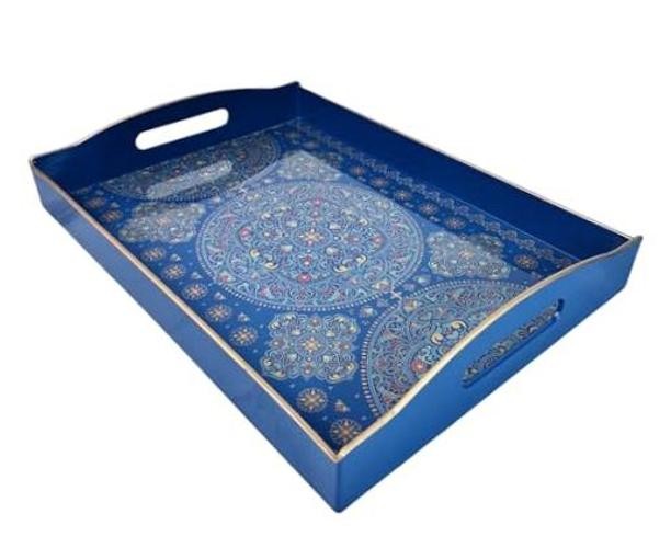Boho Blue Decorative Tray, Serving Tray with 15" x 11" x 2.5" Dark Blue 1