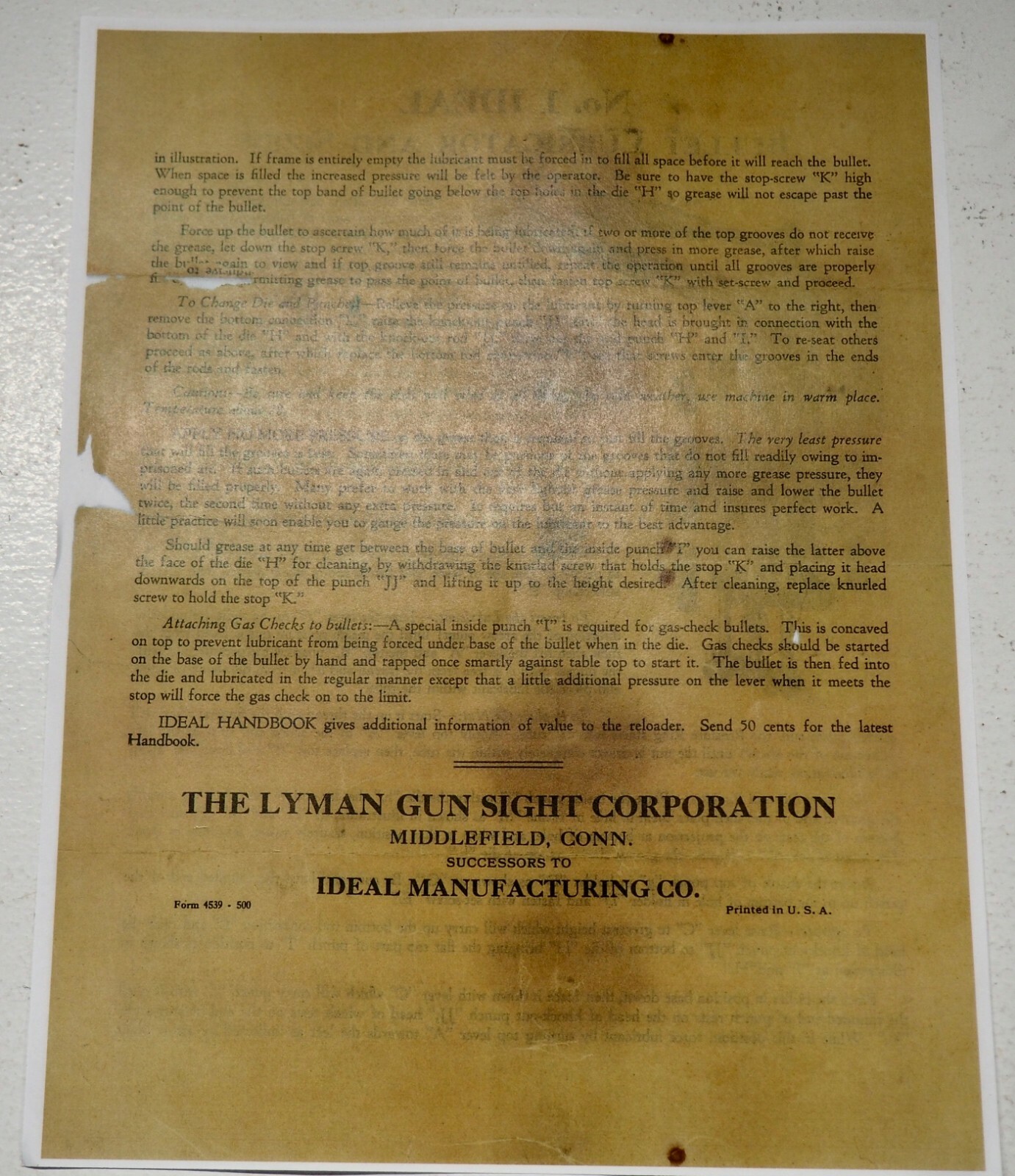 Ideal No.1 Lubricator & Sizer Instruction Sheet