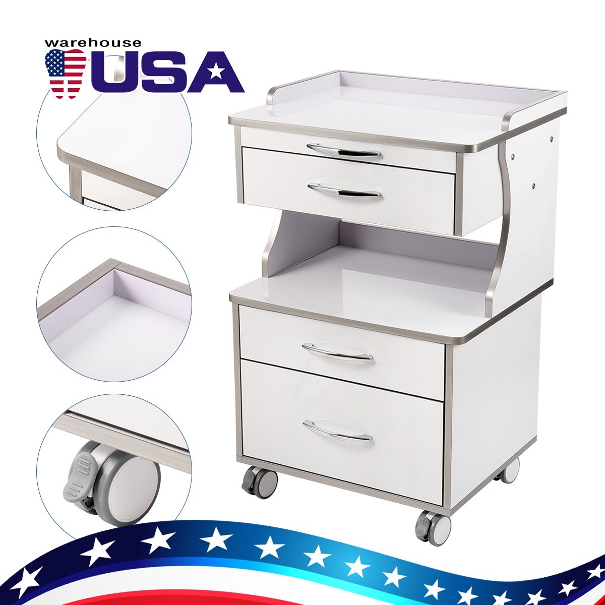 Dental Medical Mobile Storage Cabinet Three Drawers Cabinet Cart Tools Utility