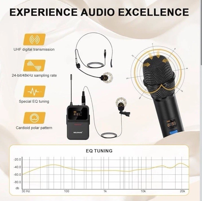 4-Channel Wireless Microphone System UHF Cordless 2 Handheld 2 Bodypack Mics