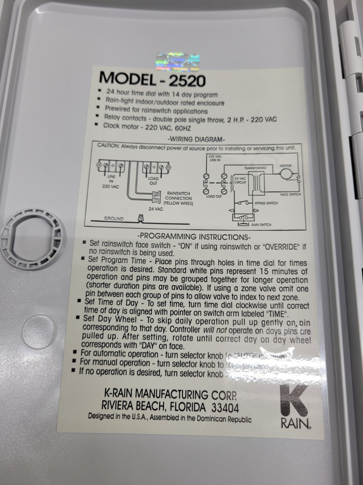 K Rain 2520 Station Controller Rain Switch 24 Hour Dail 14 Day Program