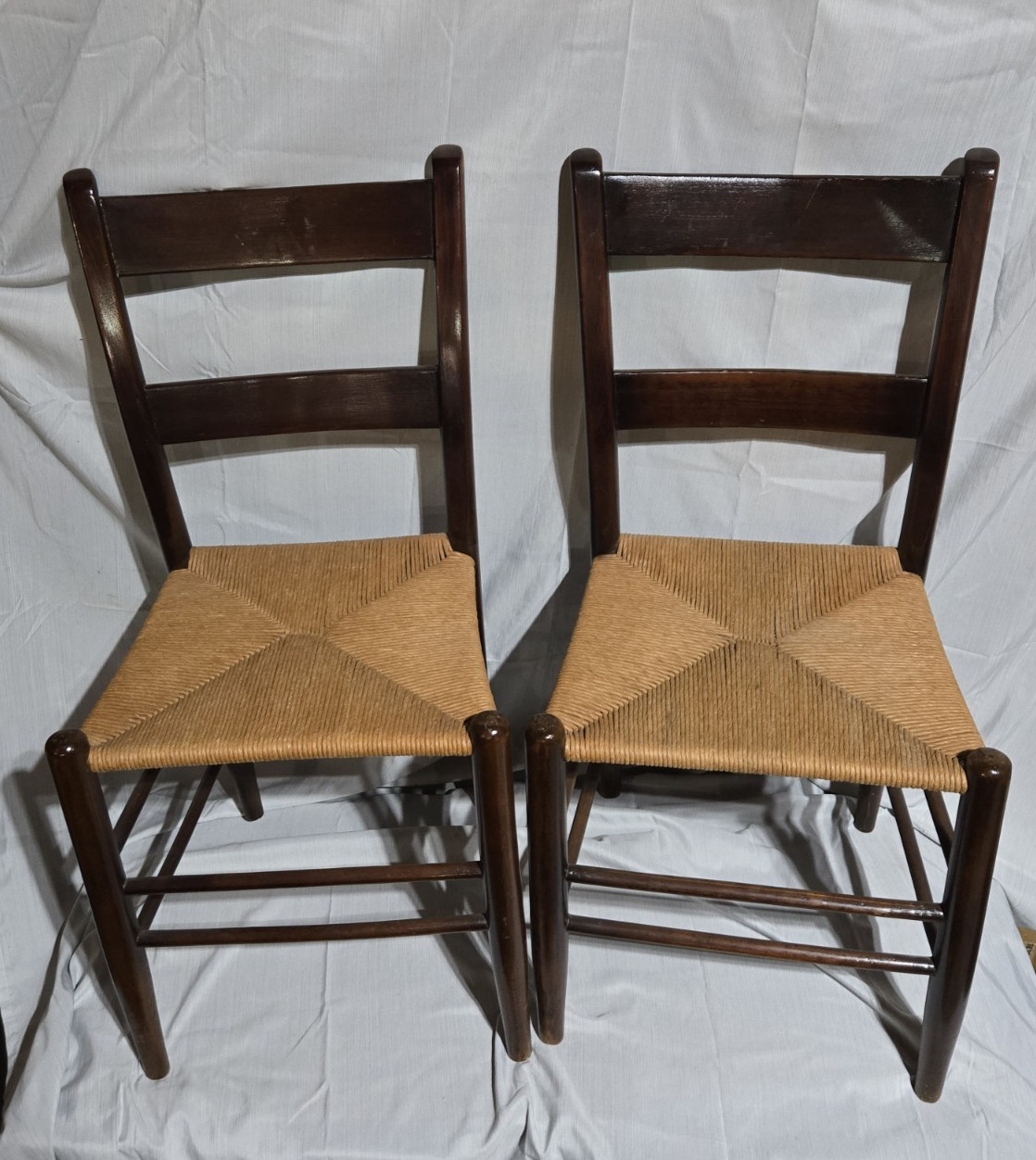 Well Preserved Pair Of Antique Solid Wood Ladder Back Side Chairs w/ Rush Seats