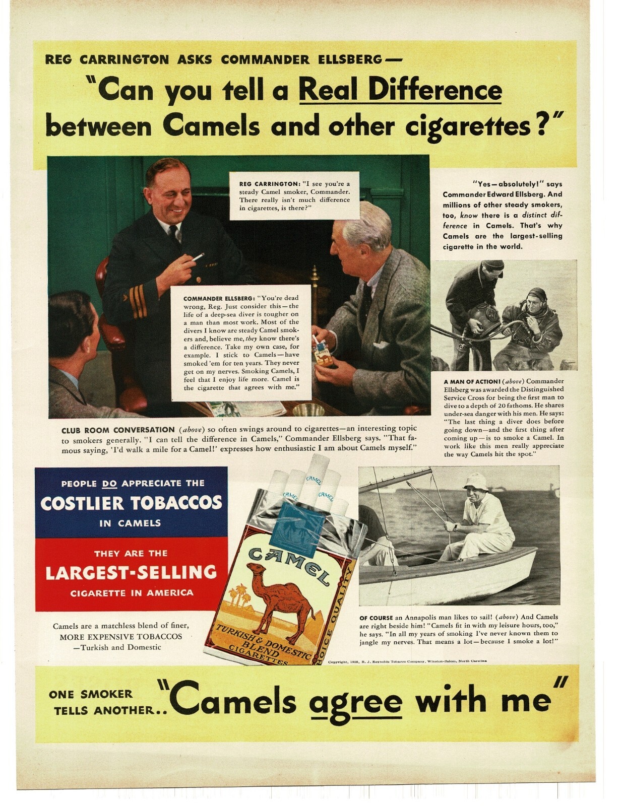 1938 Camel Cigarettes Commander Edward Ellsberg USN Vintage Print Ad