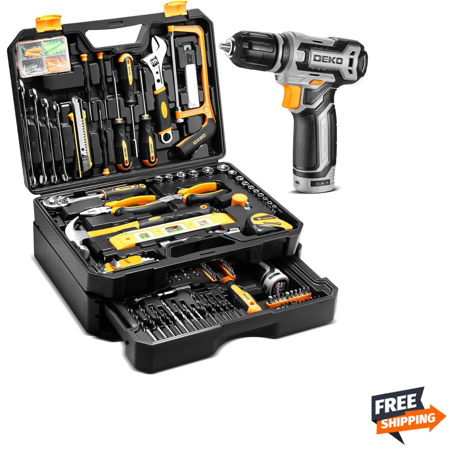 Complete 238-Piece Mechanics Tool Set with 12V Cordless Drill & Drawer Case