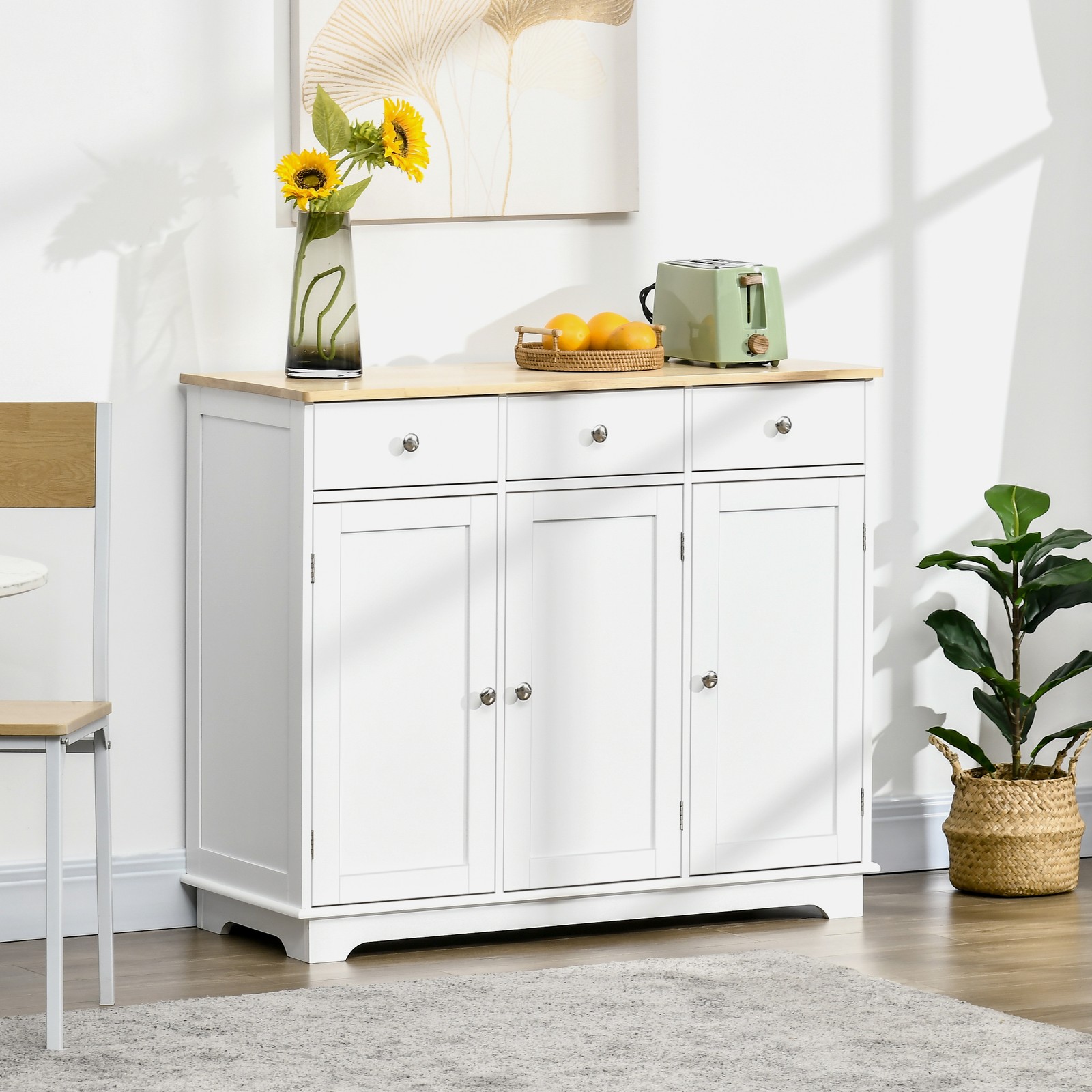 HOMCOM Sideboard with Solid Wood Countertop, Modern Kitchen Storage Cabinet, C
