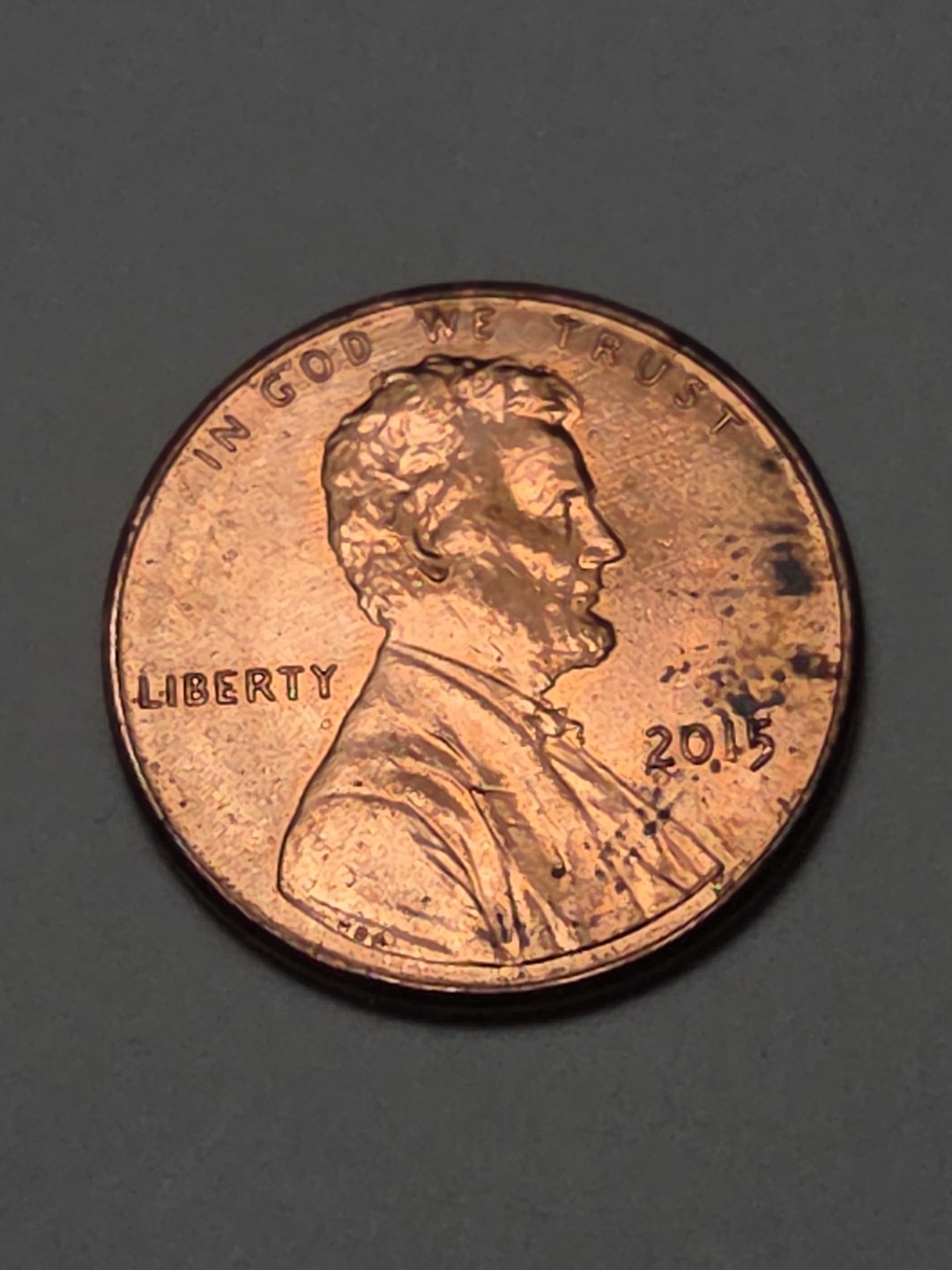 2015 P Penny with Die Chip Error on Reverse Top of Shield