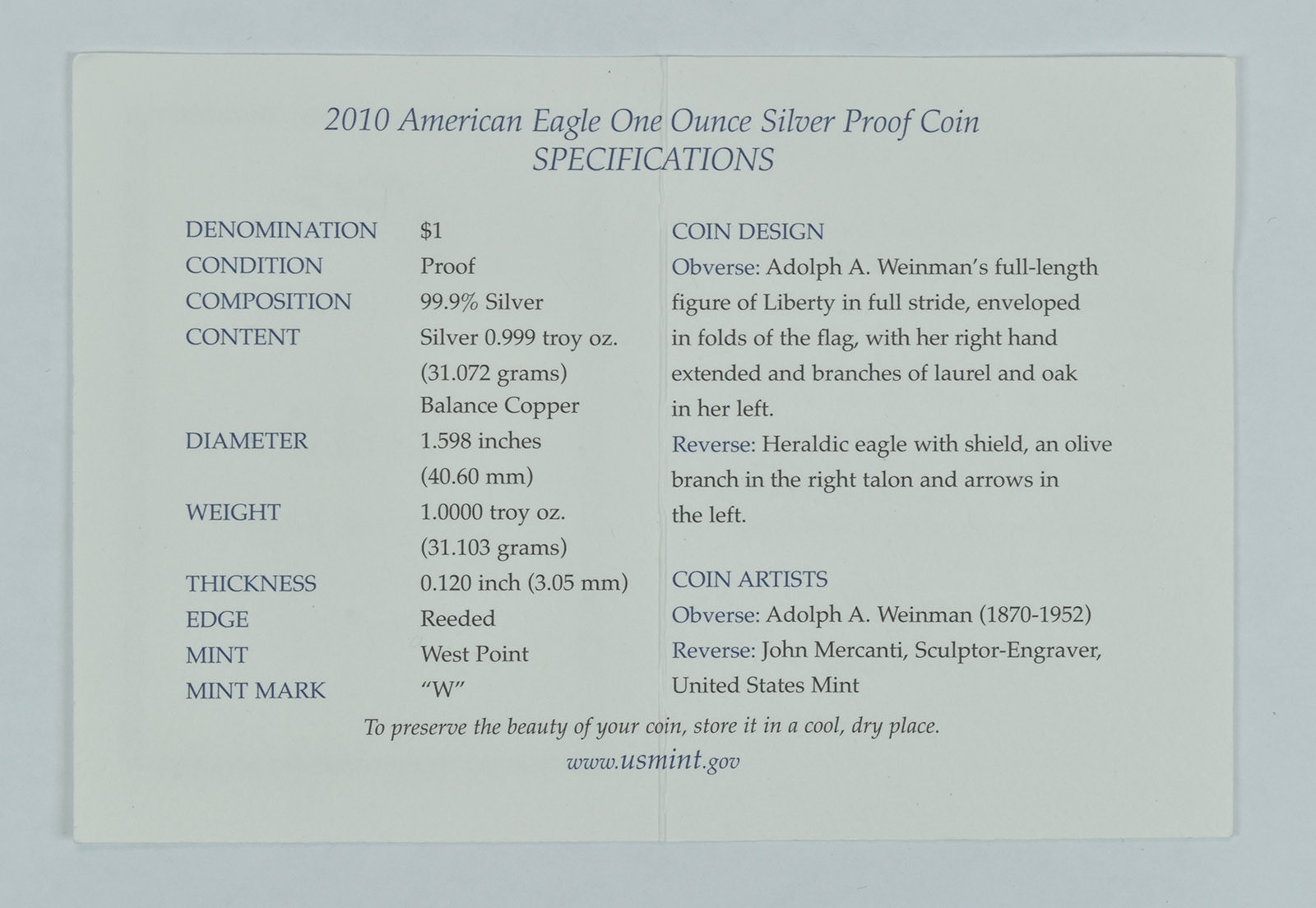 2010-W American Silver Eagle PROOF 1 Oz Silver - Coin & Box & COA