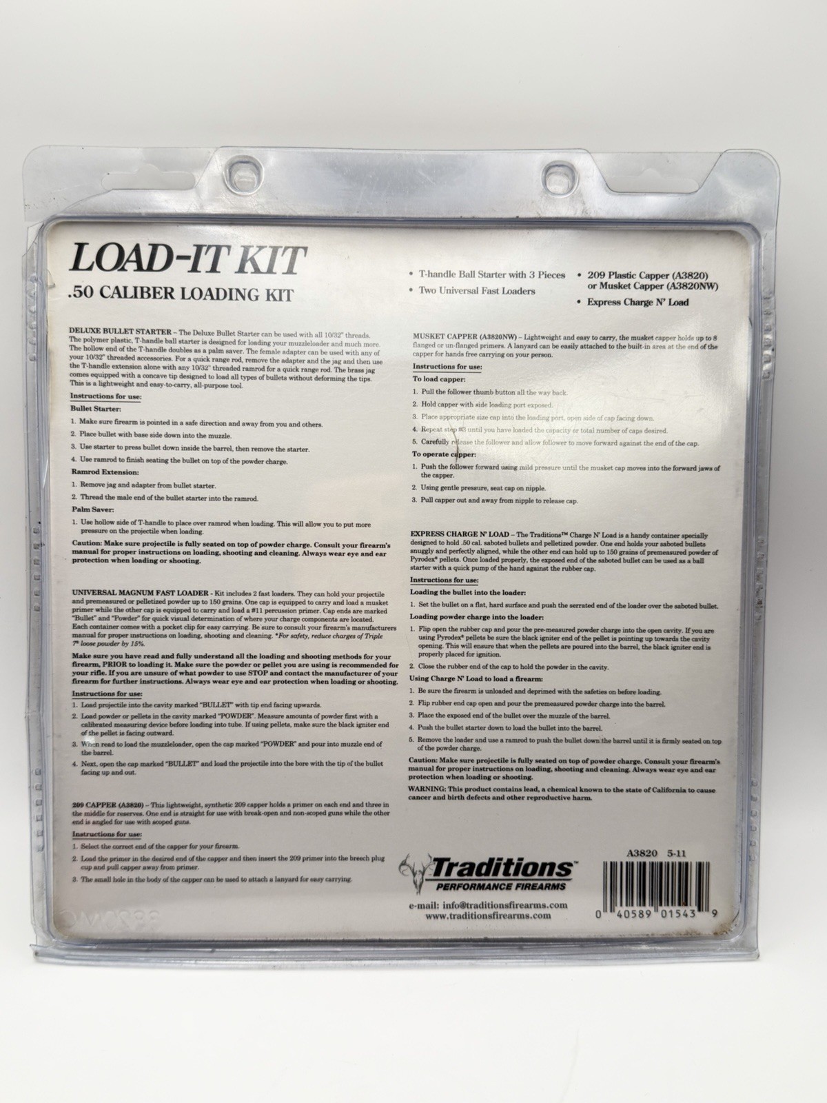 Traditions Load-It Kit .50 Cal Muzzleloader Loading Tool Set A3820 New