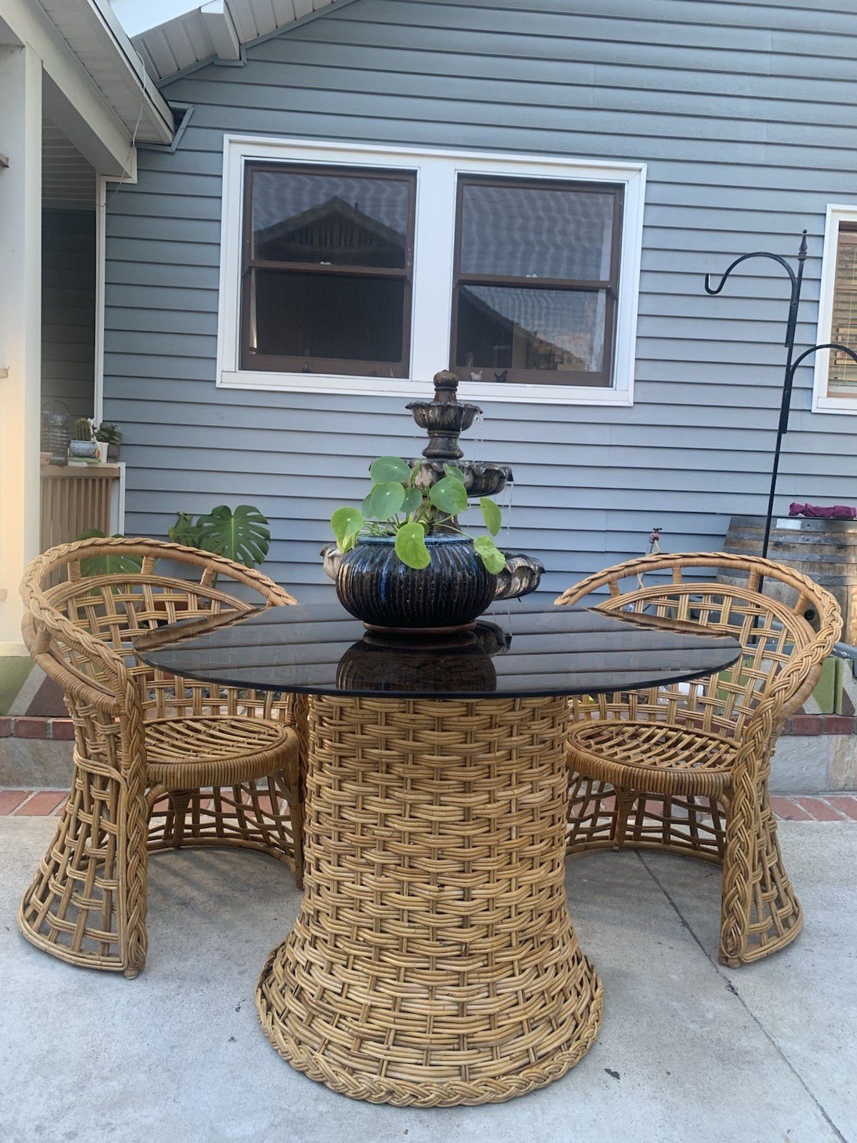 Vintage Rattan Wicker Palm Beach Regency Bistro Dining Set Amber Glass Top